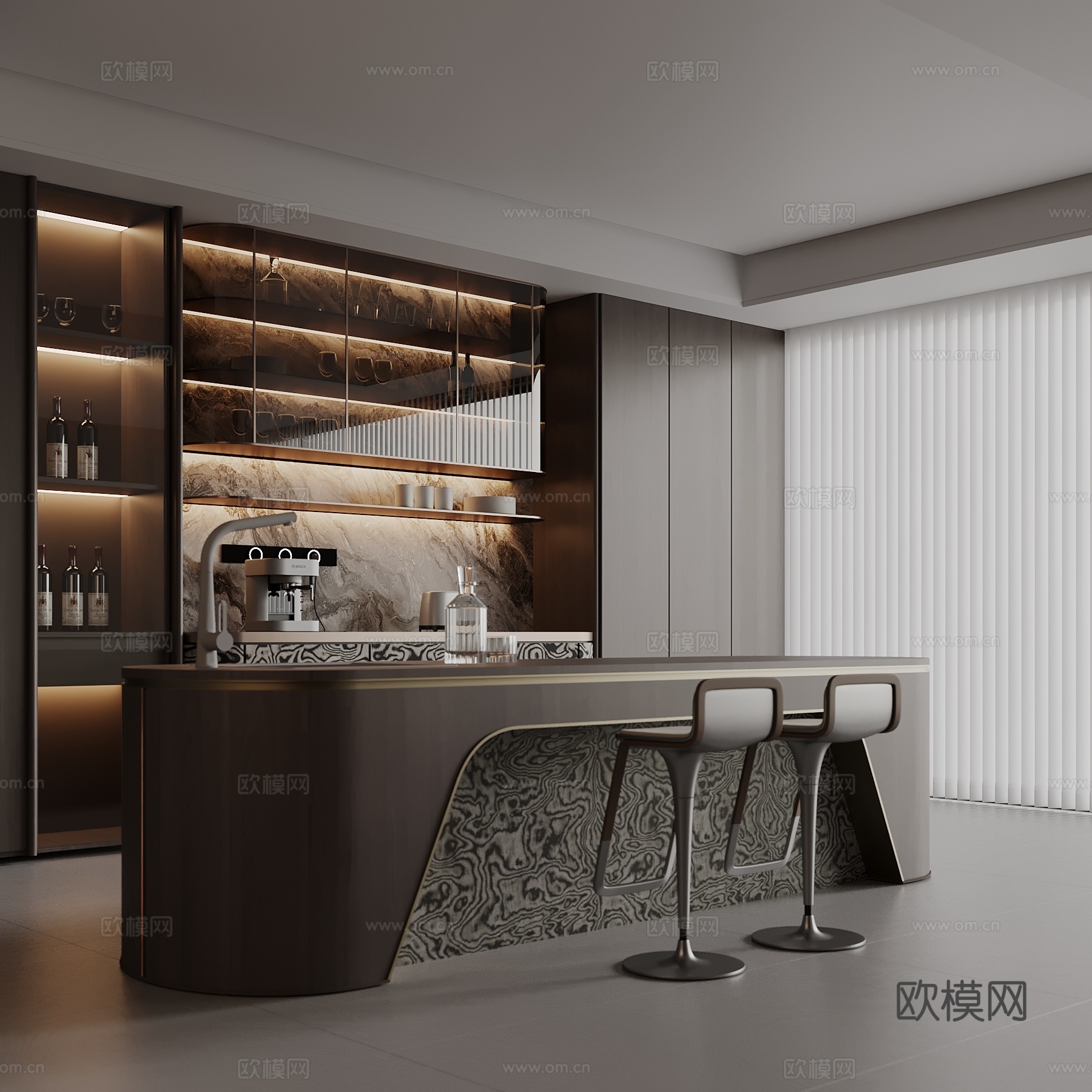 现代餐厅 岛台 酒柜 吧椅su模型