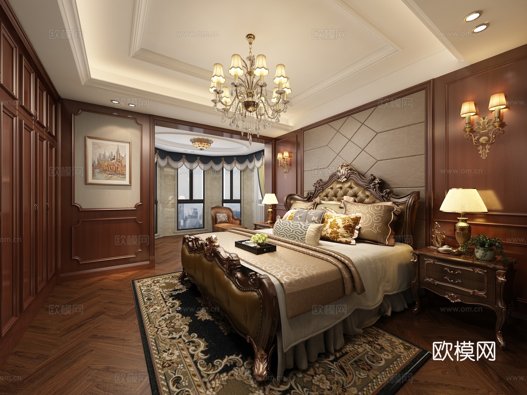 欧式古典欧式奢华主卧床 吊灯 床头柜 挂画 壁灯 硬包3d模型下载