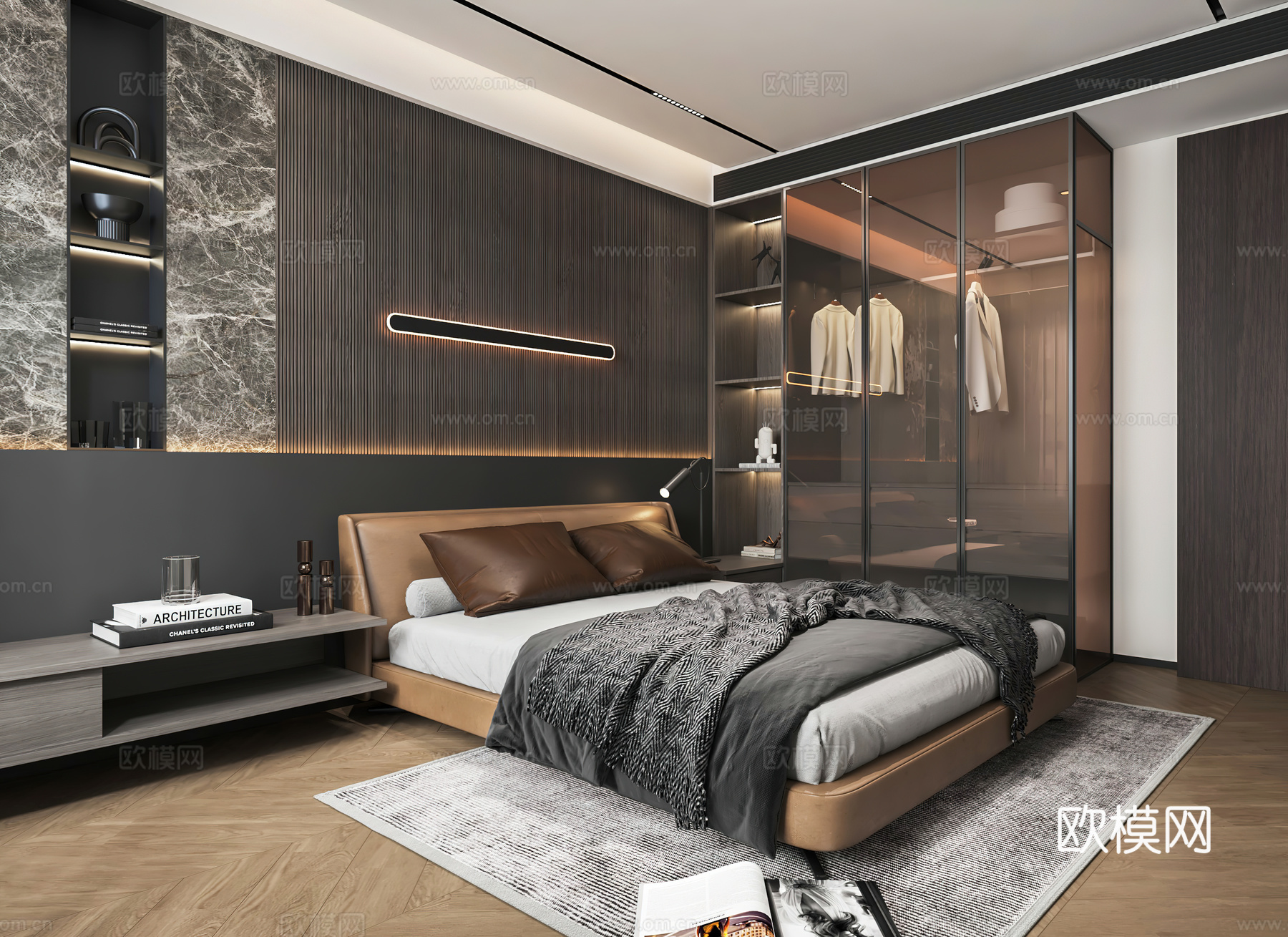 意式卧室 无主灯卧室 衣柜 背景墙3d模型下载（渲染图2）