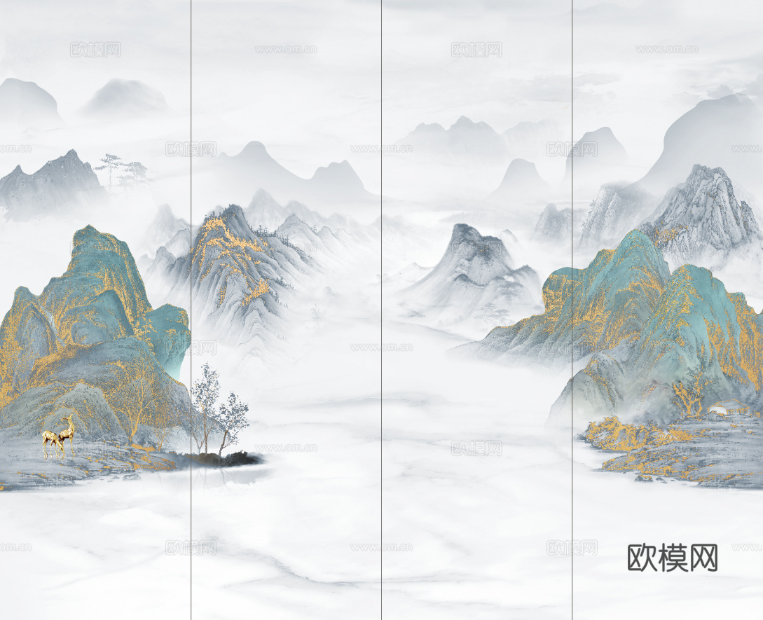 中式新中式山水意境壁纸壁画 山水硬包装饰画下载