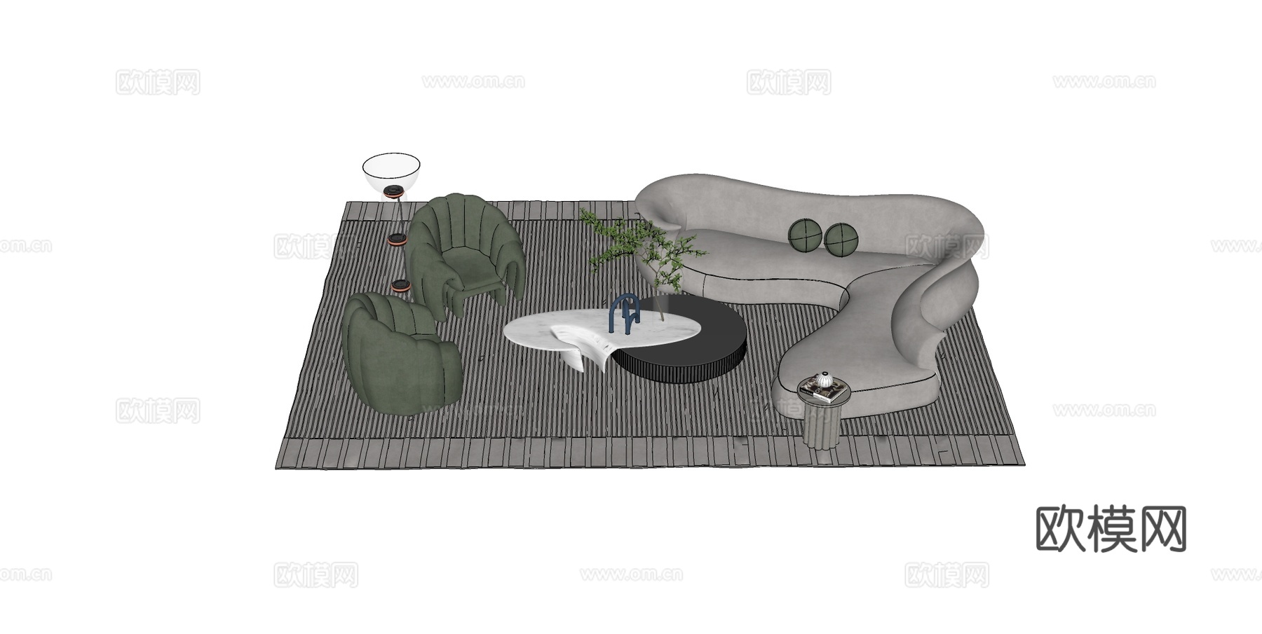 现代沙发茶几组合 弧形沙发异形茶几 球形抱枕su模型