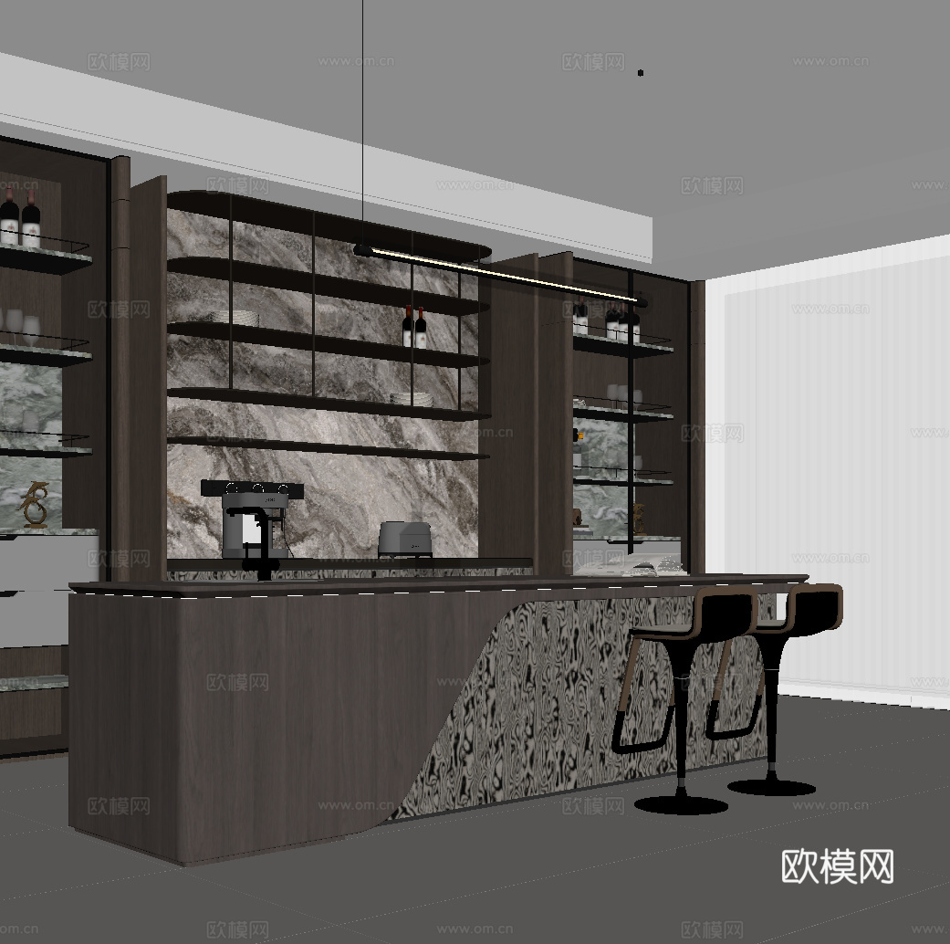 现代餐厅 岛台 酒柜 吧椅su模型