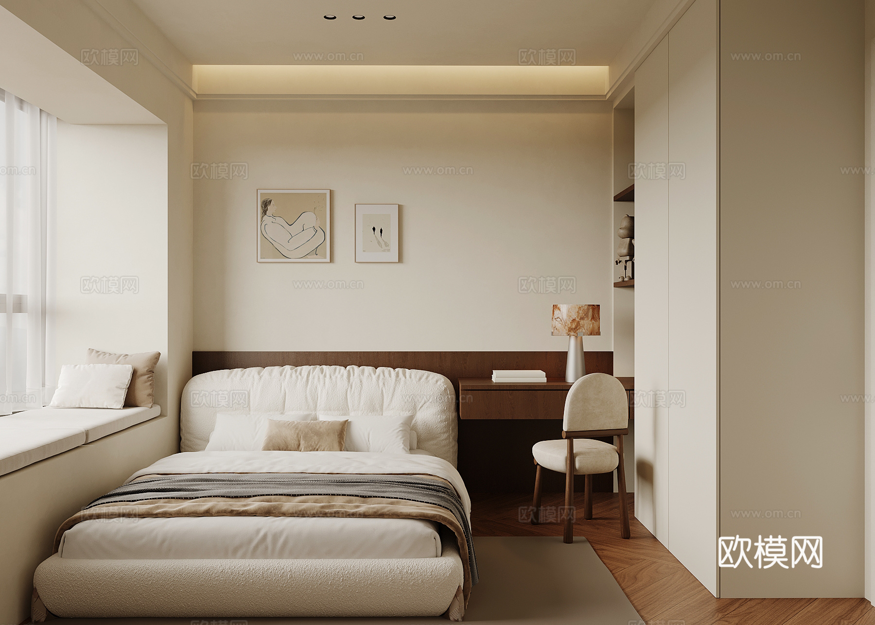 中古风卧室 双人床su模型