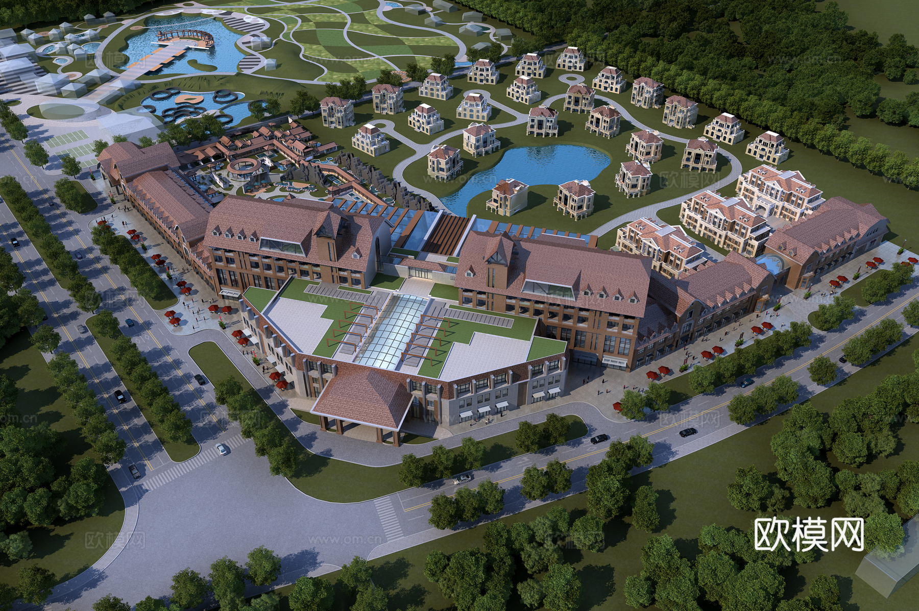 简欧温泉会所 鸟瞰 规划 树木 配楼 景观 别墅 商业街3d模型下载