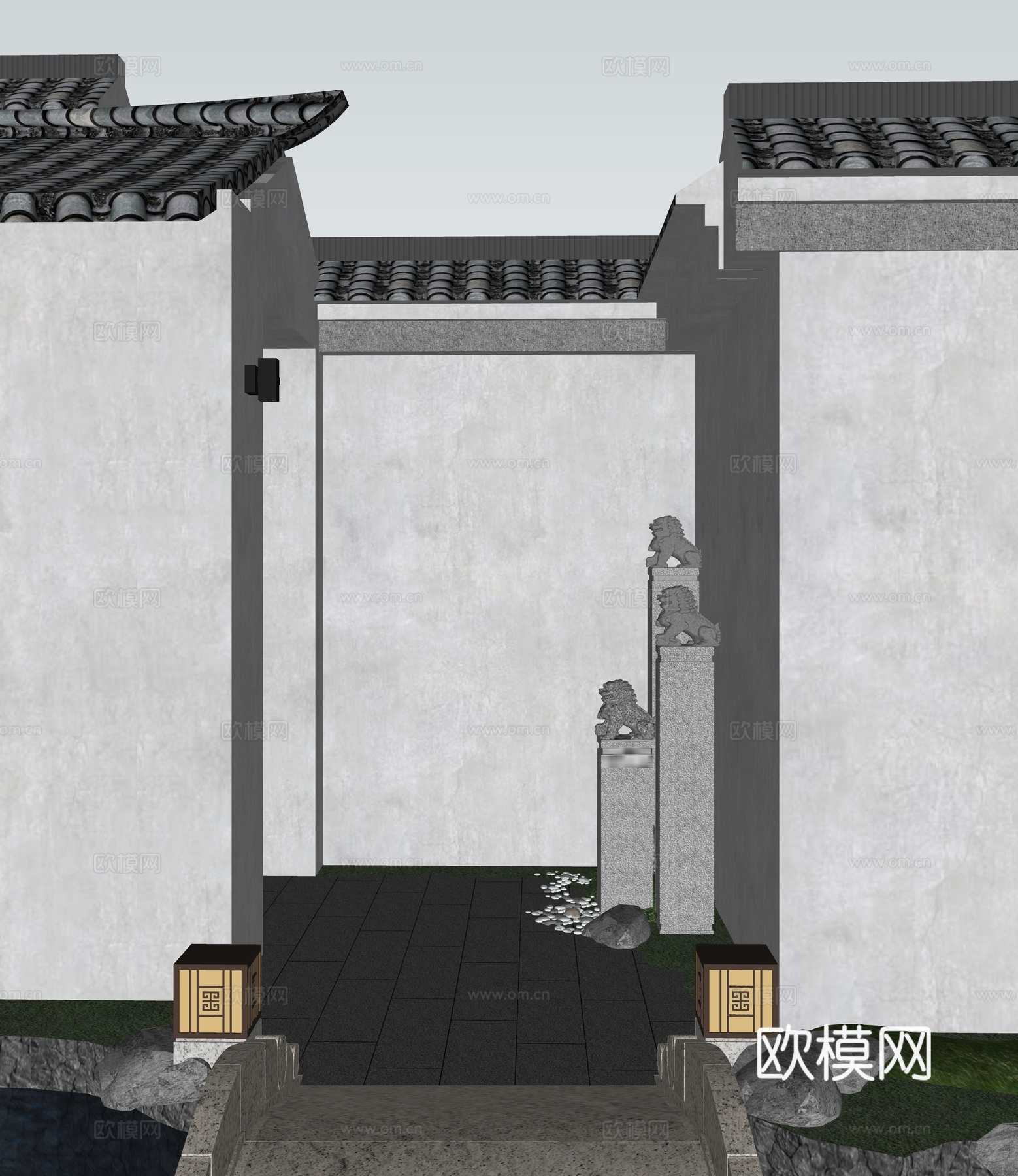 新中式 中式 庭院入户门厅 照壁 拴马柱su模型