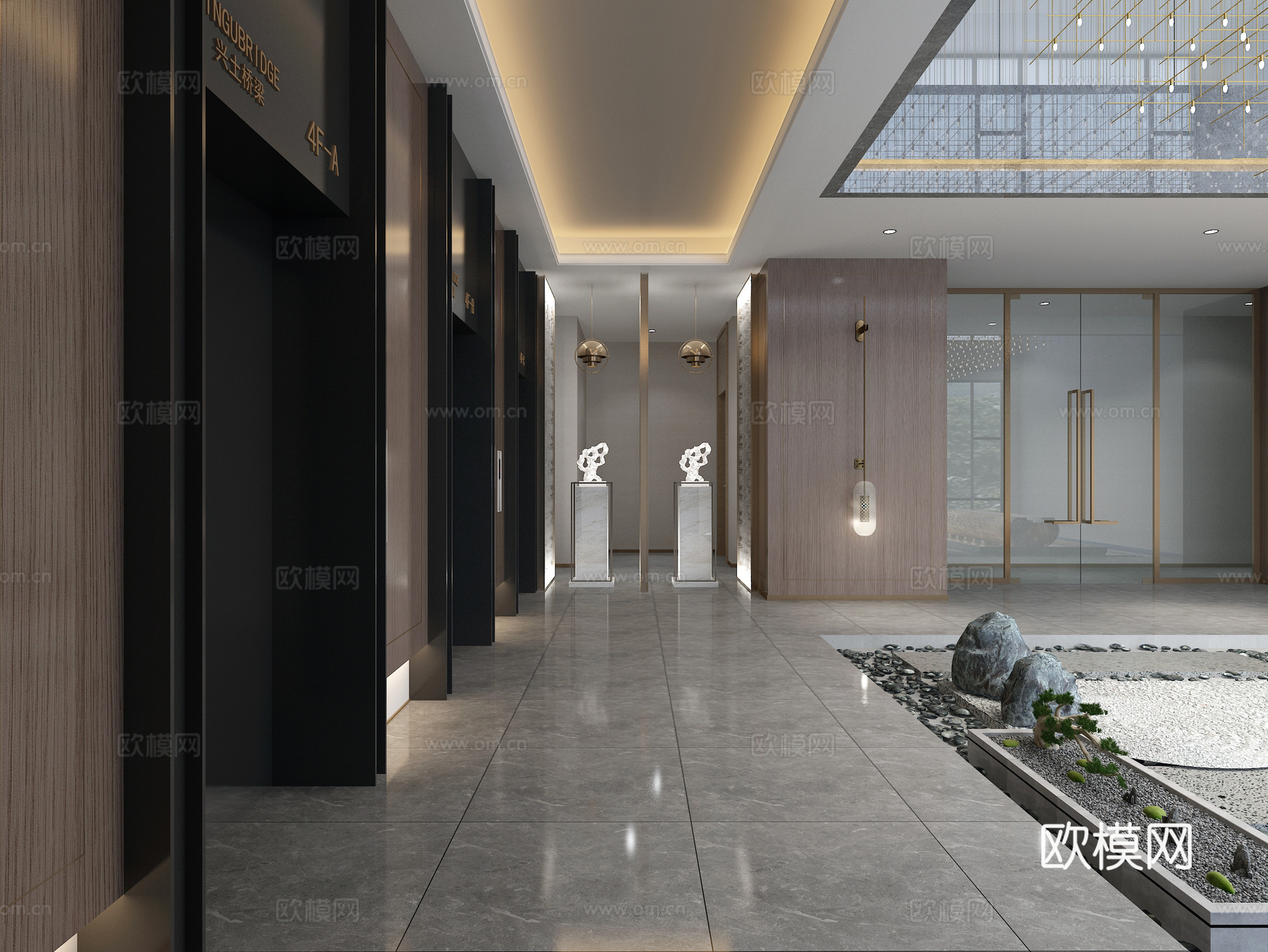 现代电梯厅 吊灯 壁灯 工艺品3d模型下载（渲染图1）