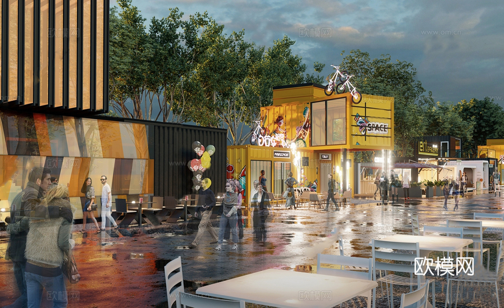 现代集装箱建筑 集装箱商业街 夜市su模型