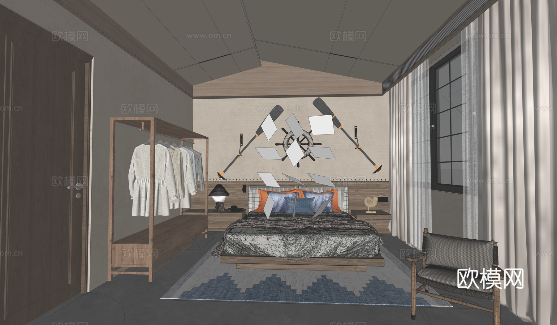 现代民宿大床房 海洋主题民宿 渔民文化su模型