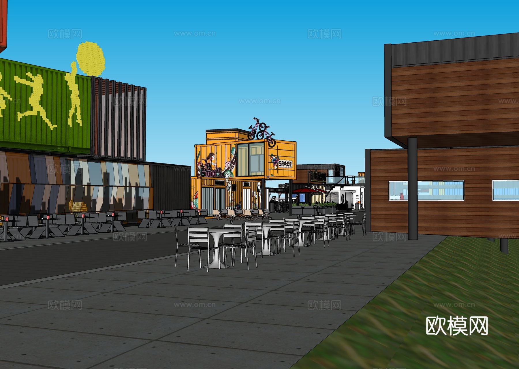 现代集装箱建筑 集装箱商业街 夜市su模型