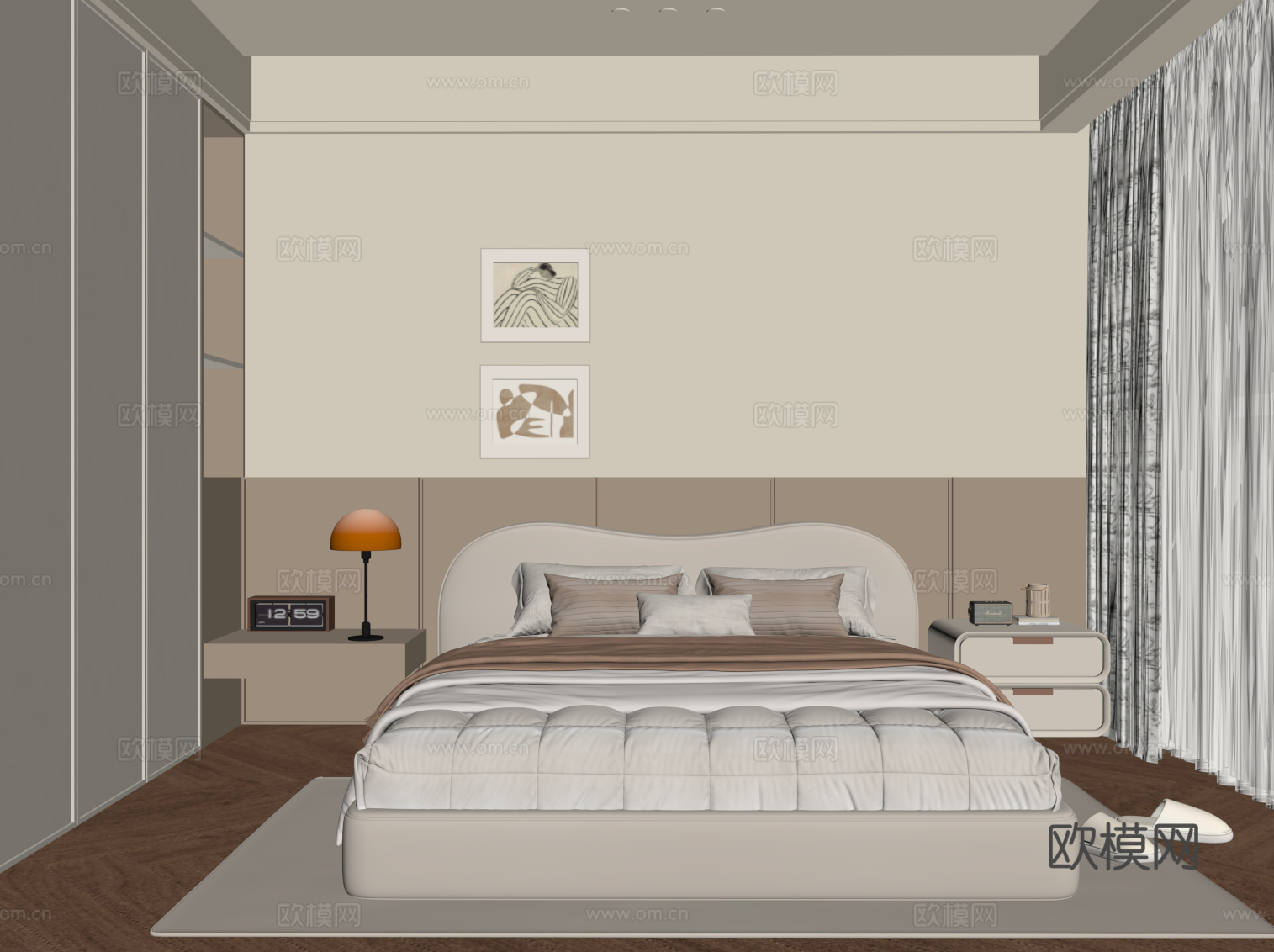 现代卧室 中古风卧室 双人床su模型