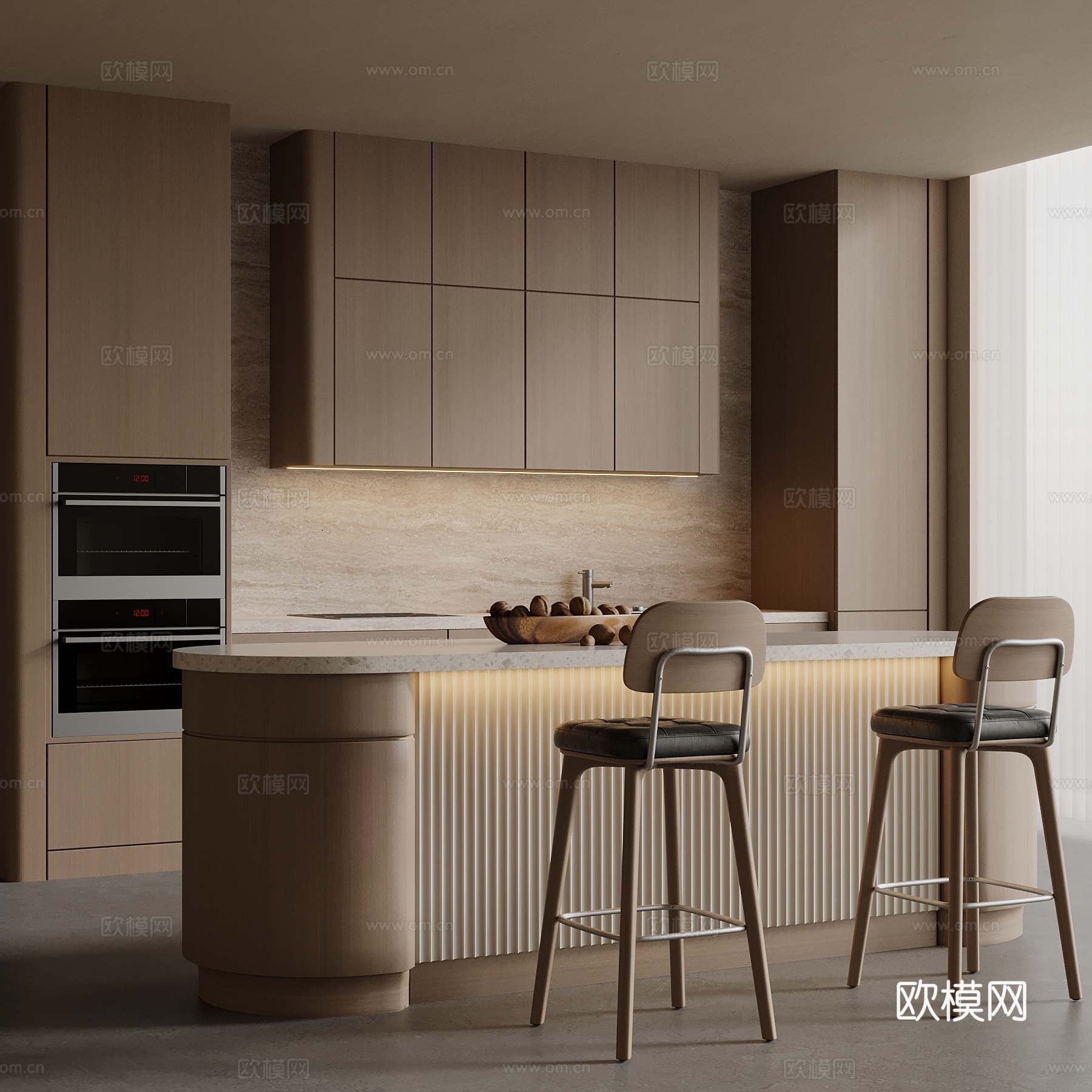 中古风餐厅 岛台 厨房su模型