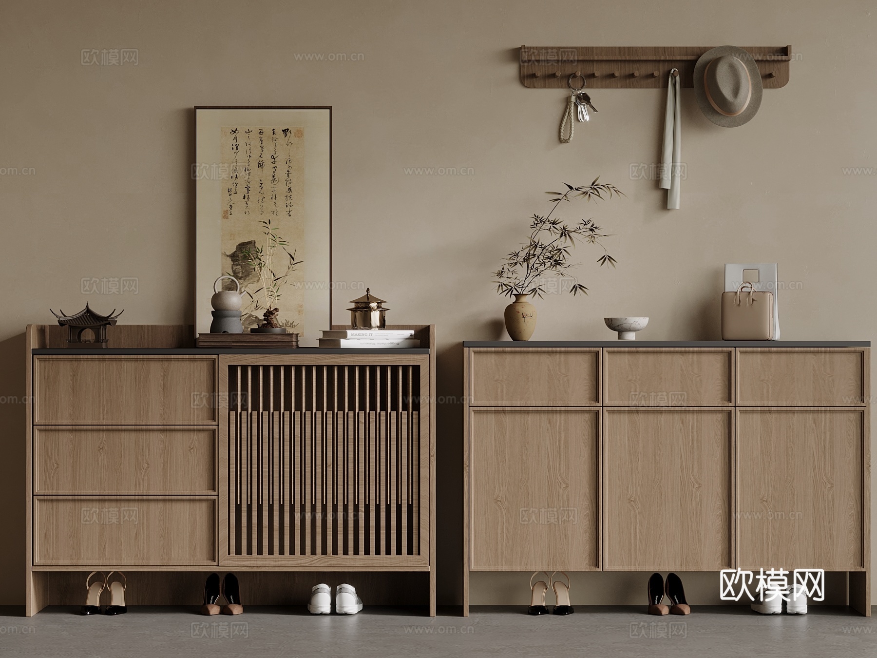新中式鞋柜  矮鞋柜su模型