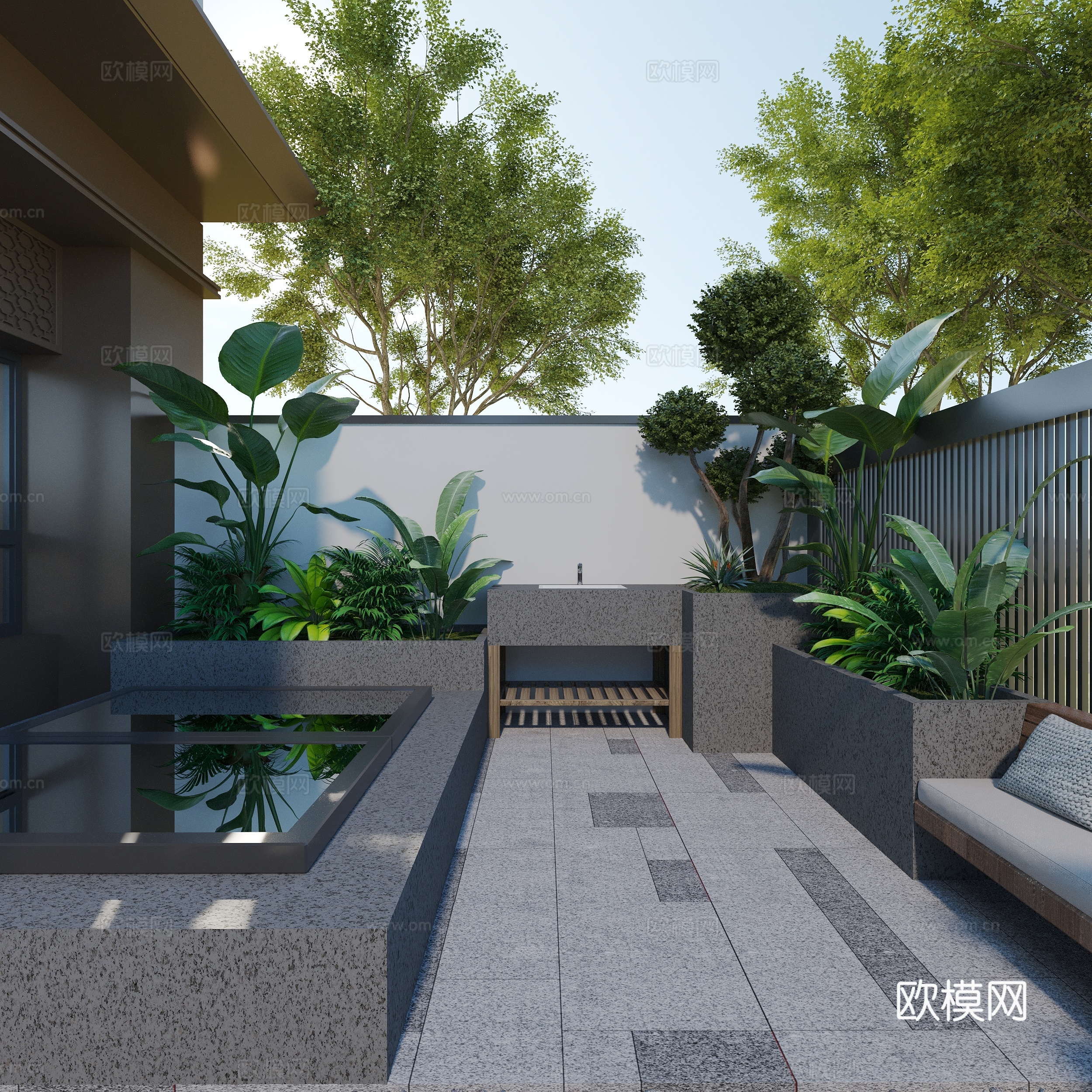现代庭院花园 围墙围栏 格栅 户外洗手池 休闲卡座 采光天井su模型