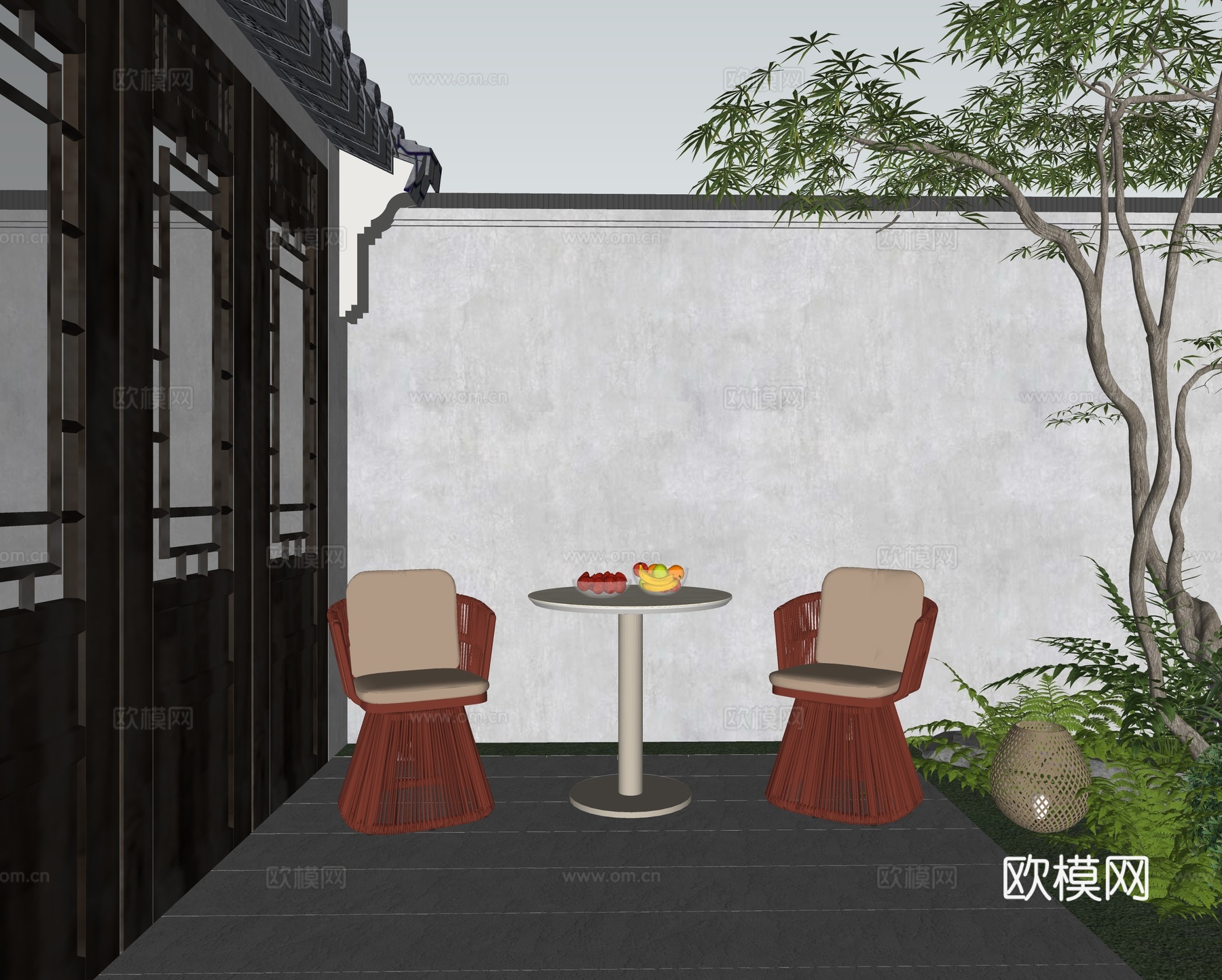 新中式 中式 庭院户外餐桌椅 休闲餐桌椅 圆桌 一桌两椅su模型