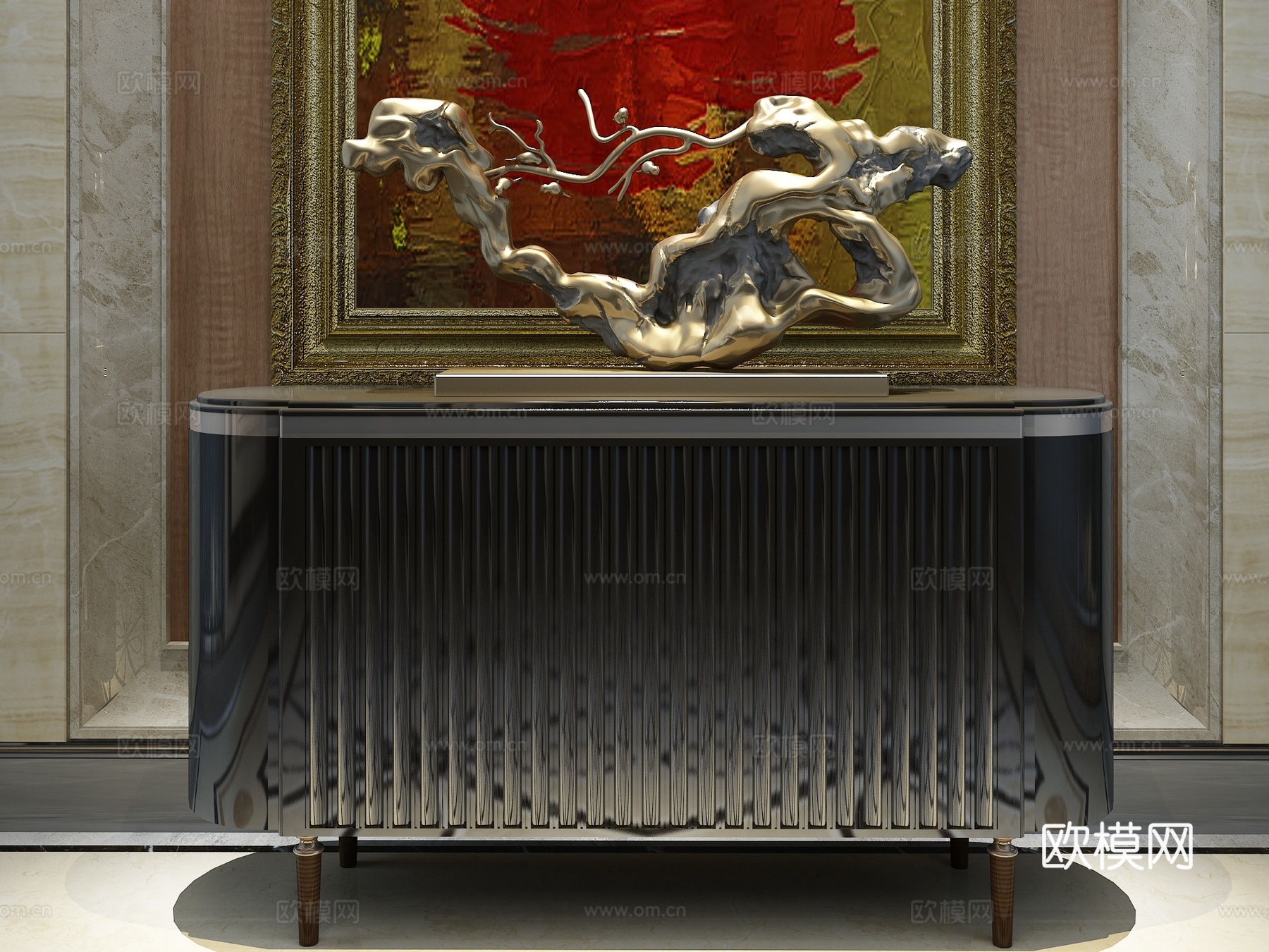 新中式端景台 玄关 雕塑 案几3d模型下载