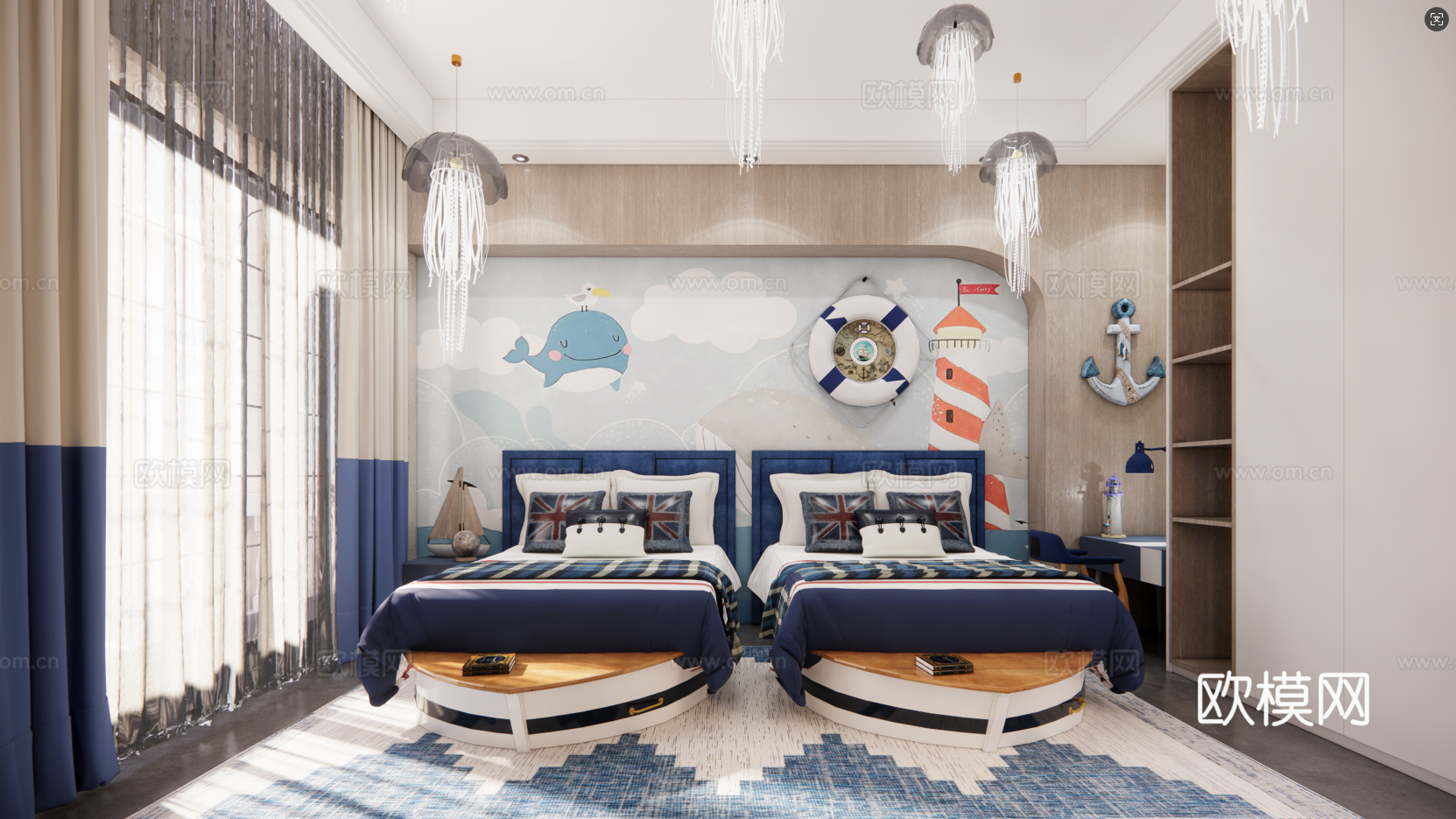 海洋主题民宿 农家乐 民宿客房 儿童房 双子房 大床房su模型