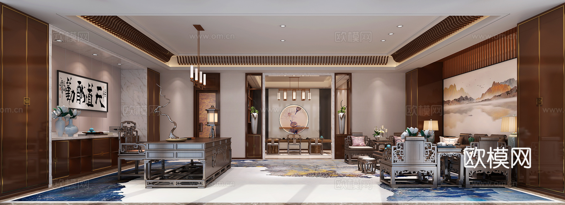 中式董事长办公室 吊灯 茶室3d模型下载