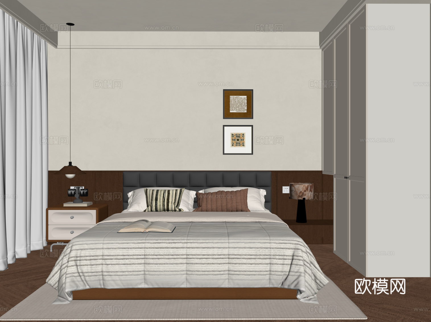中古风卧室 双人床su模型