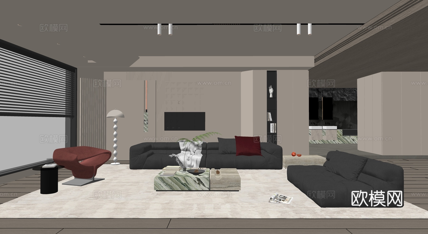 现代轻奢泡芙沙发飘带椅组合客厅su模型