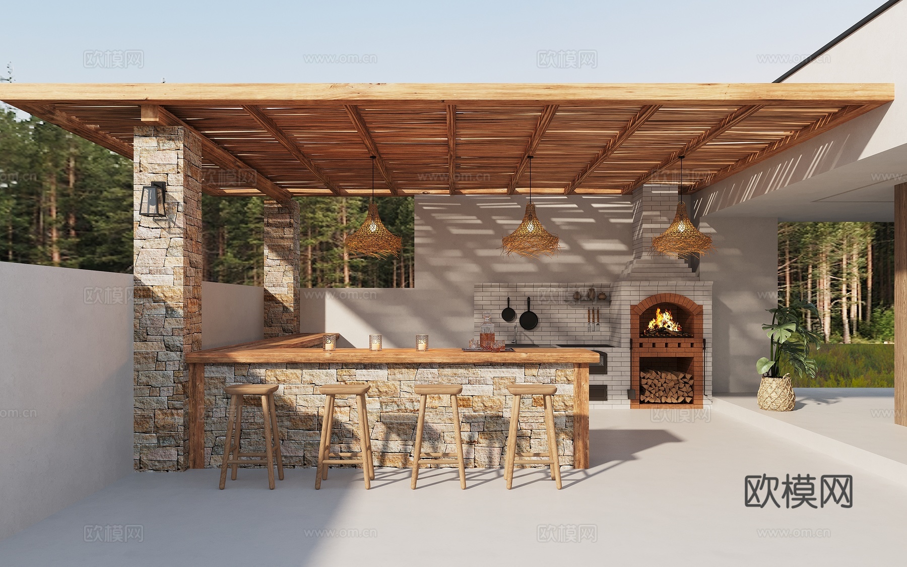 现代意式法式庭院景观复古水吧台柚木吧椅操作台壁炉烤火炉su模型