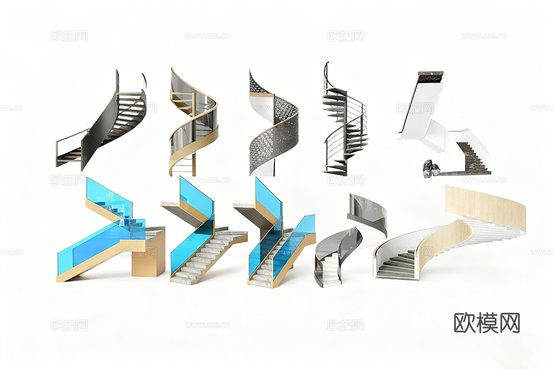 现代简约楼梯 旋转楼梯 玻璃护栏旋转楼梯 金属框架楼梯 大理su模型