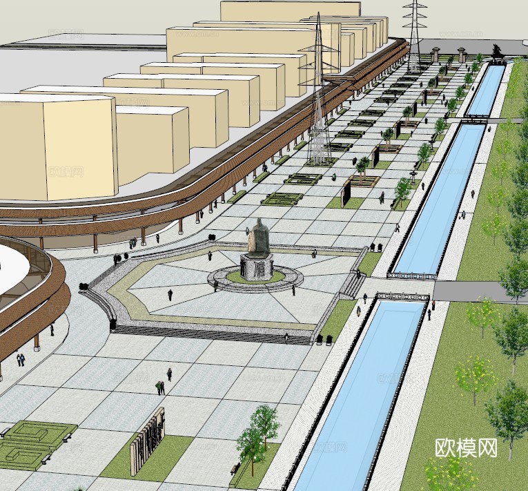 条形广场模型 园林景观模型 广场方案设计 园林方案设计su模型