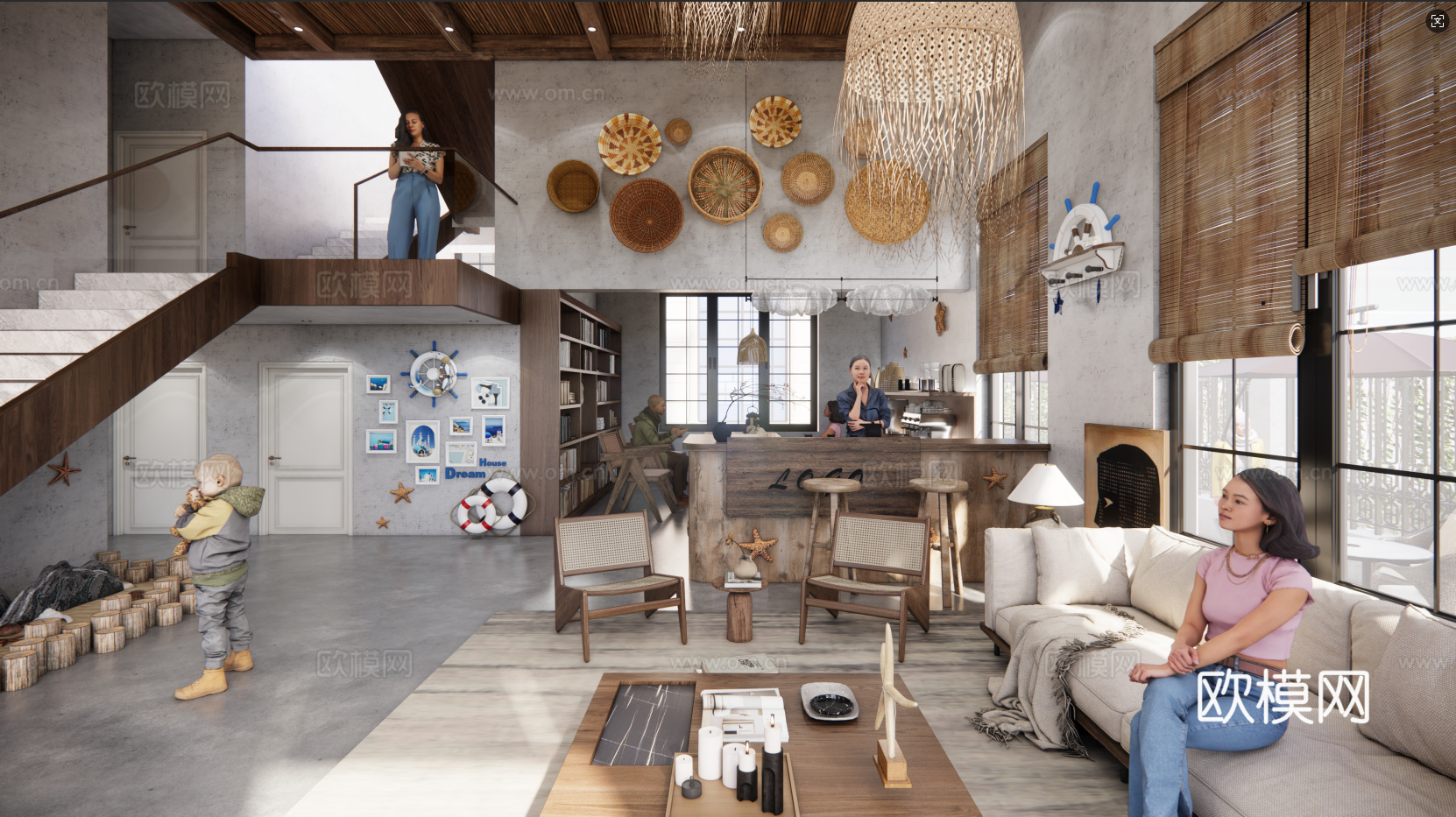 中古风民宿大厅 海洋元素民宿大厅 农家乐大厅 民宿前台su模型