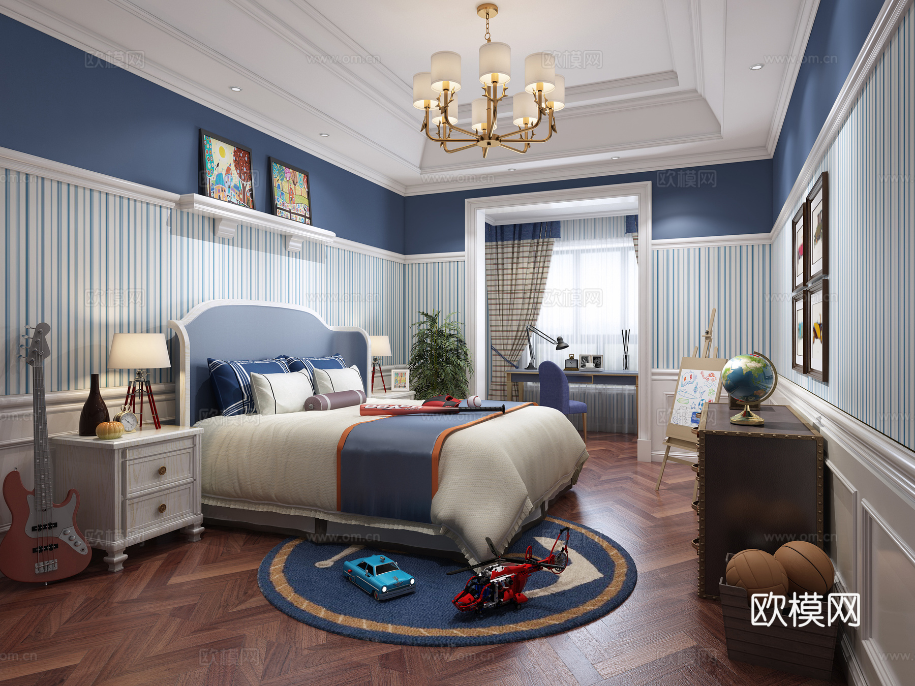 简欧卧室男孩房3d模型下载