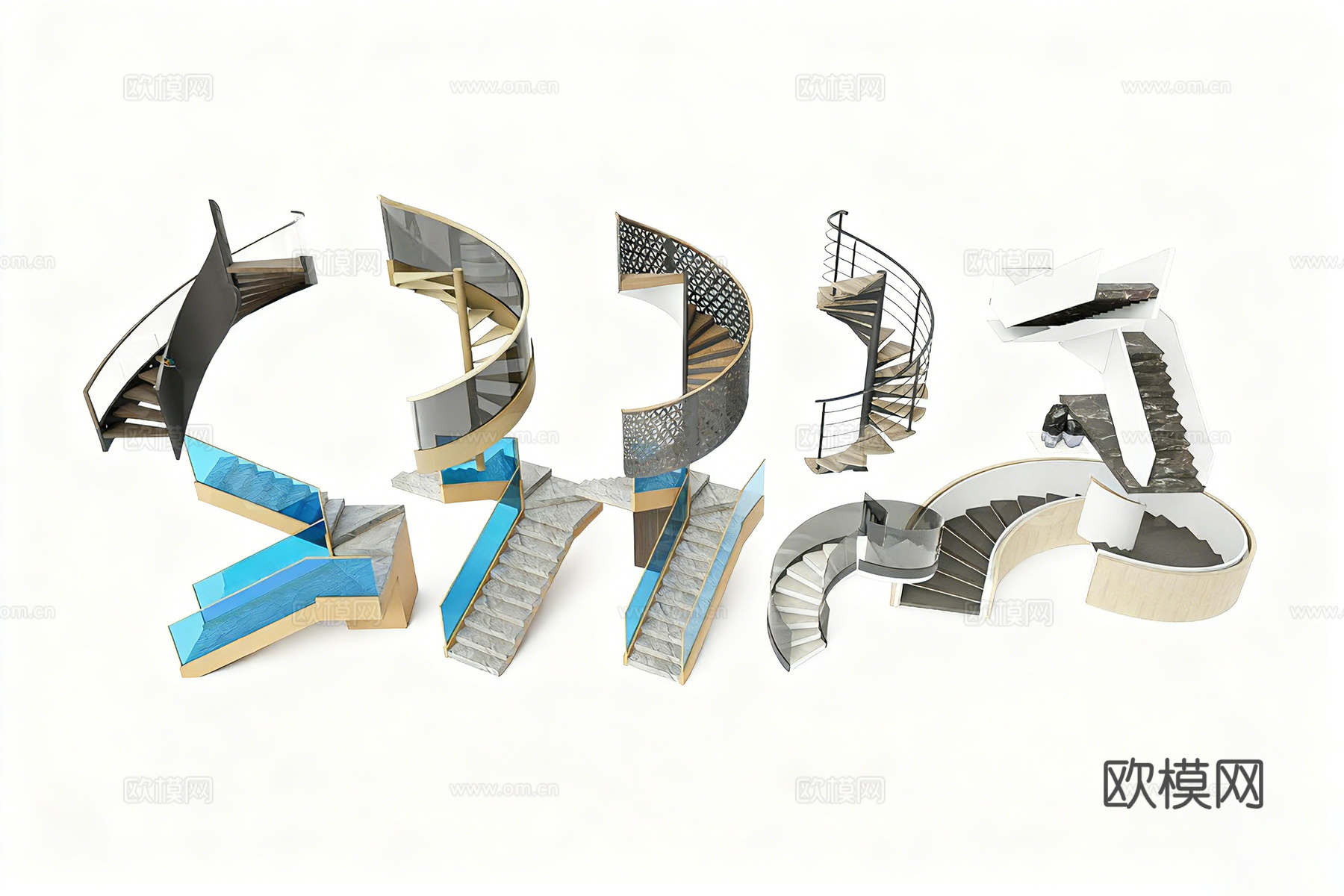 现代简约楼梯 旋转楼梯 玻璃护栏旋转楼梯 金属框架楼梯 大理su模型