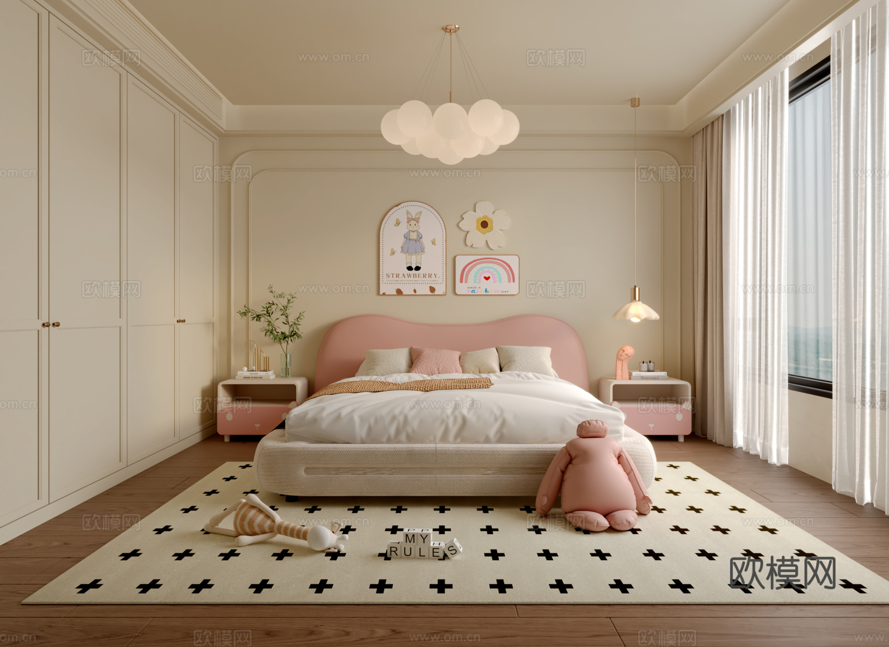 法式奶油风女孩房3d模型下载（渲染图1）