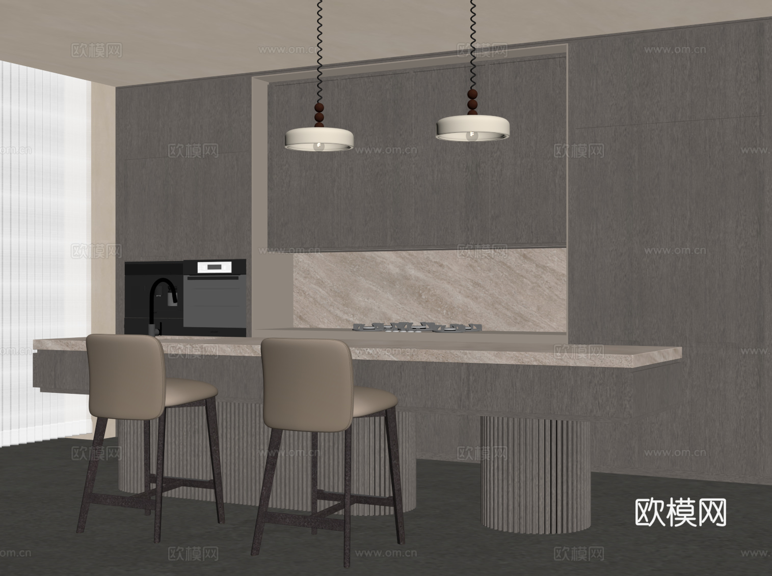 中古风餐厅 岛台 厨房su模型