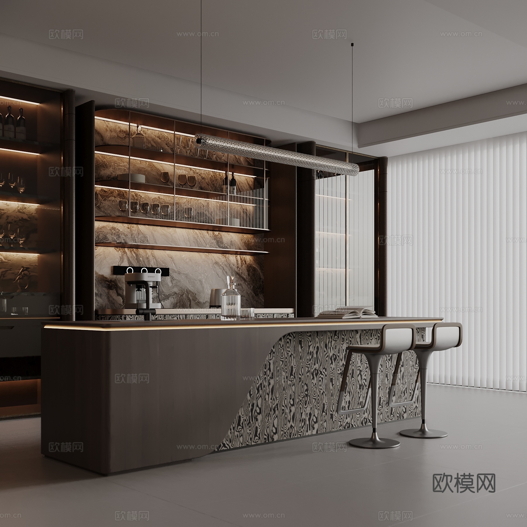 现代餐厅 岛台 酒柜 吧椅3d模型下载