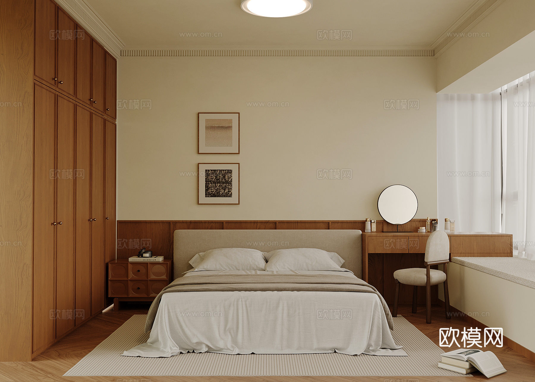 中古风卧室 双人床 梳妆台su模型