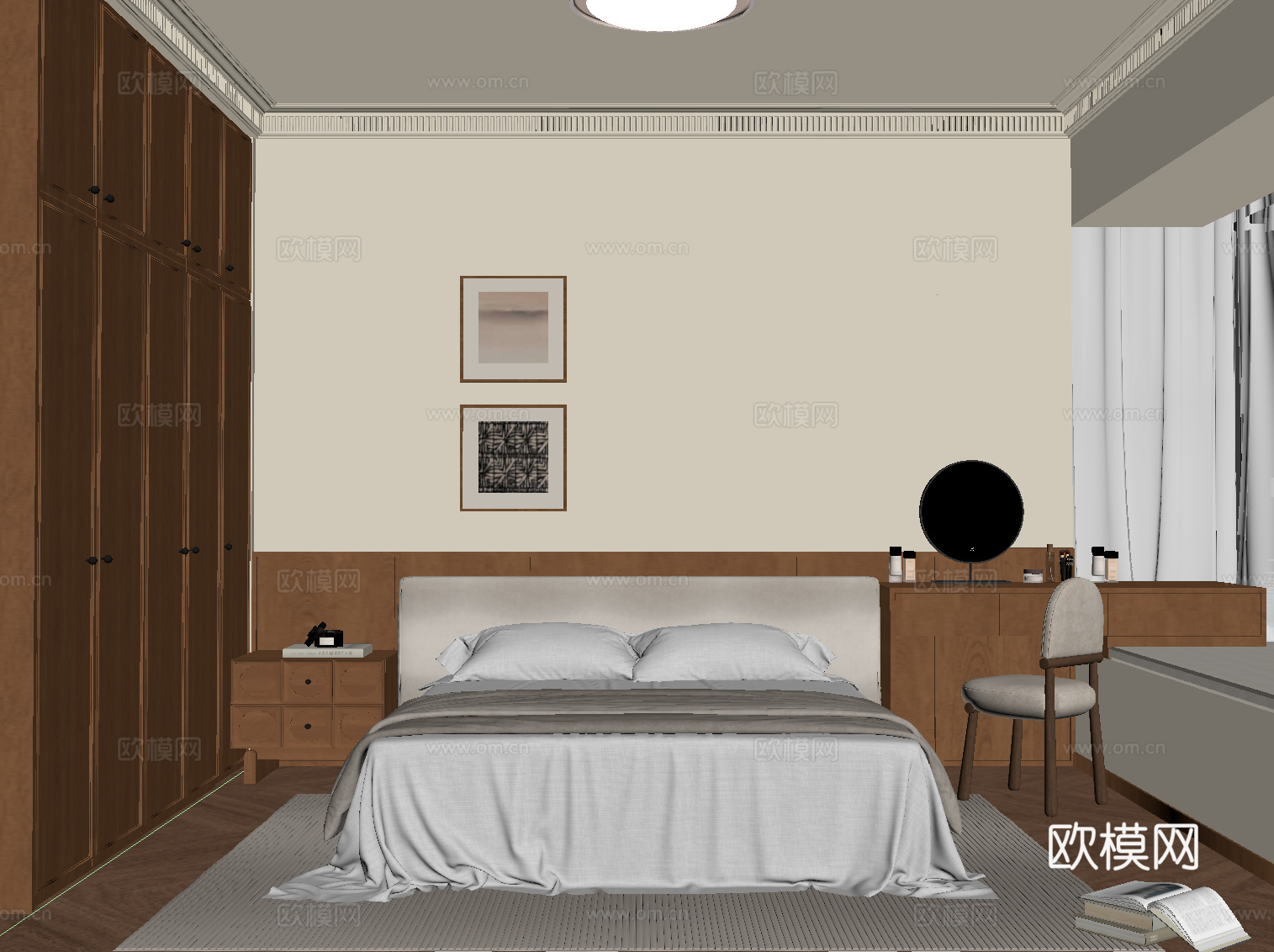 中古风卧室 双人床 梳妆台su模型