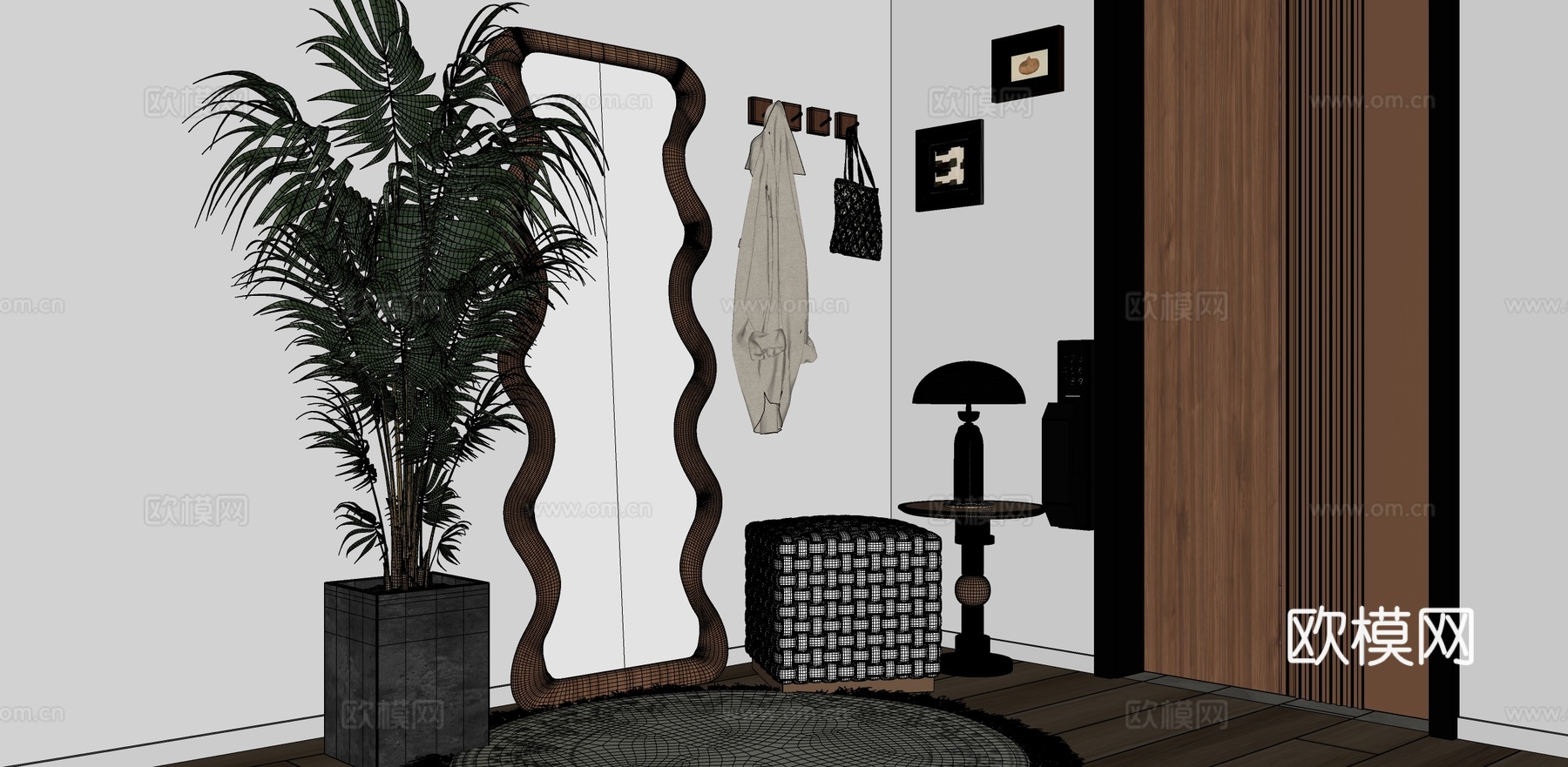 玄关全身镜挂衣杆换鞋凳su模型