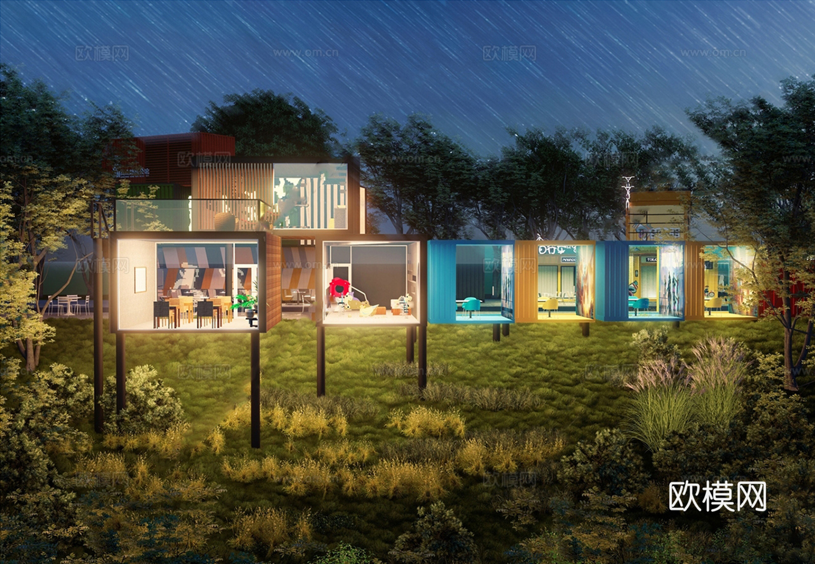 现代集装箱建筑 集装箱商业街 夜市su模型