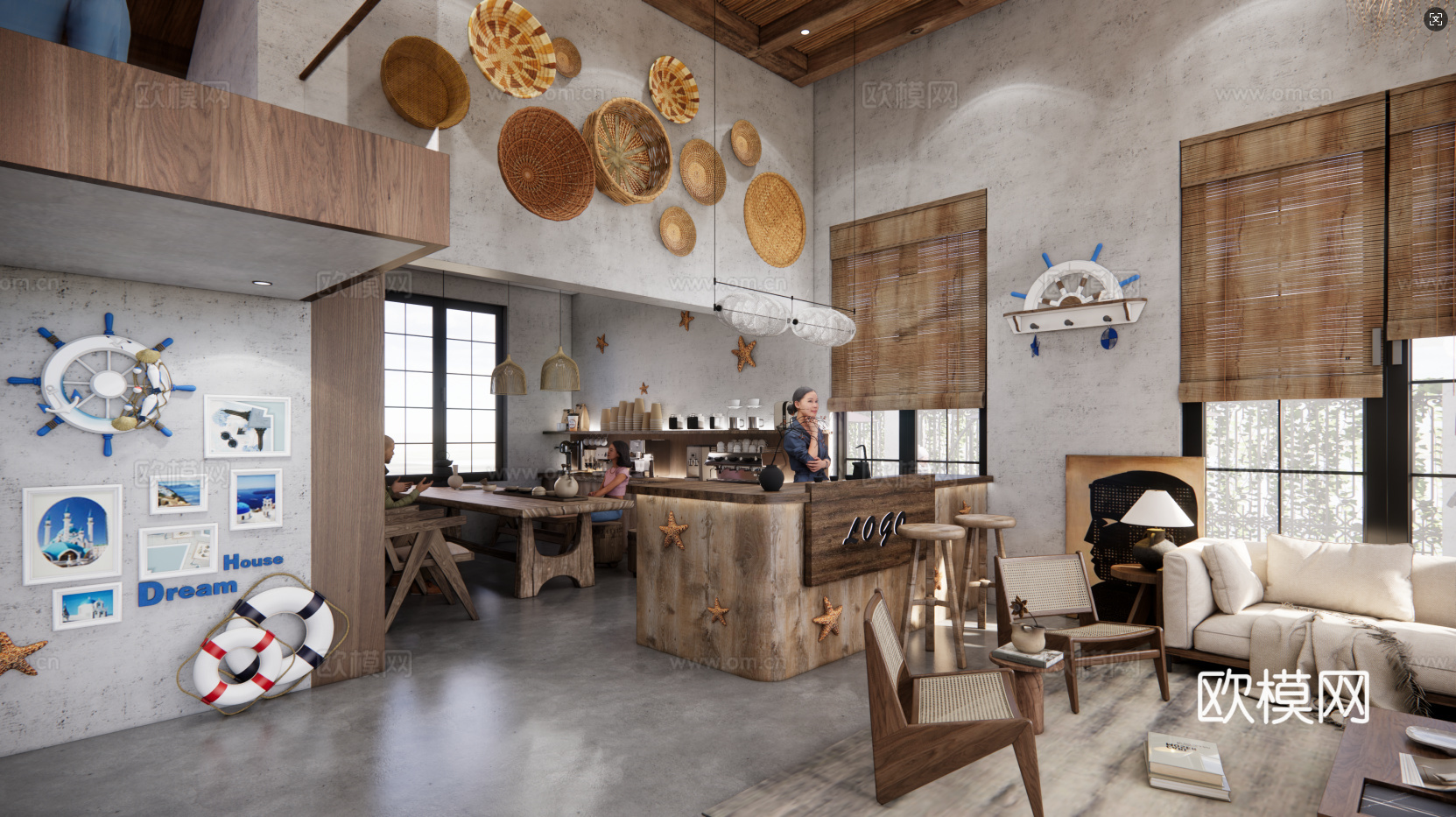 中古风民宿大厅 海洋元素民宿大厅 农家乐大厅 民宿前台su模型