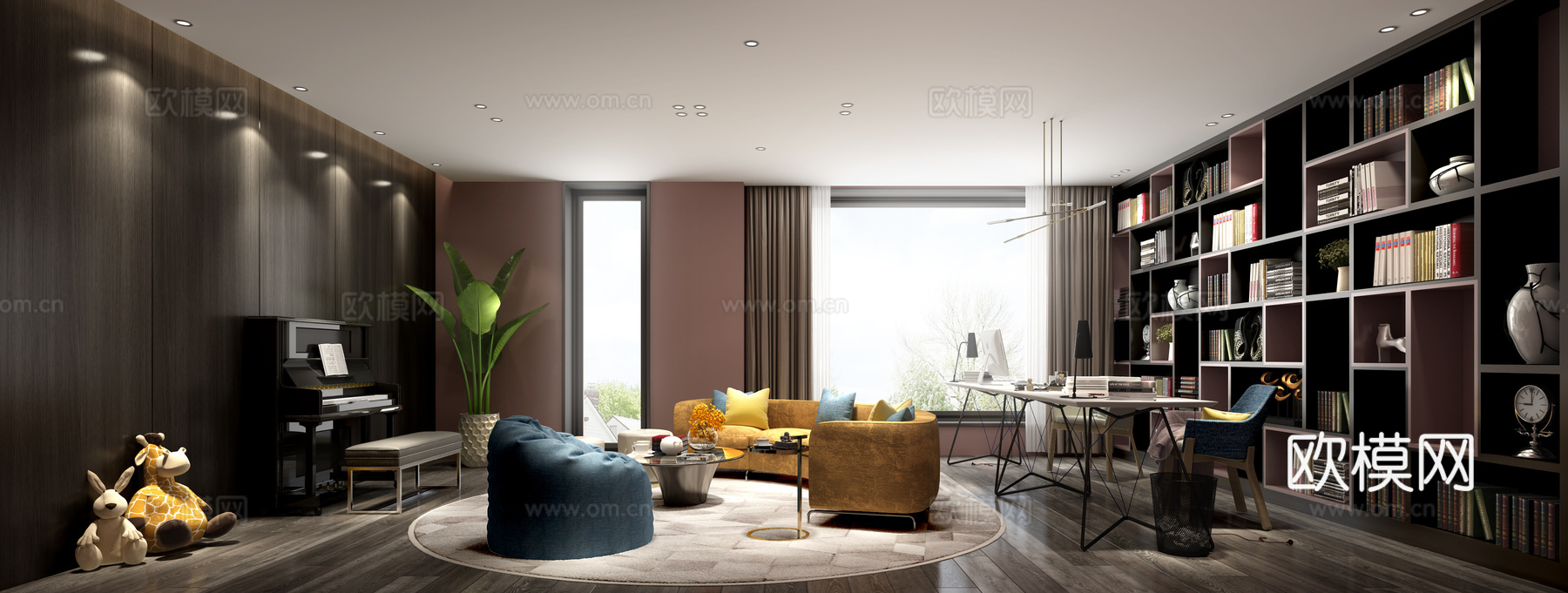 现代书房 书柜 沙发组合 绿植 钢琴 地毯 窗帘 书桌3d模型下载
