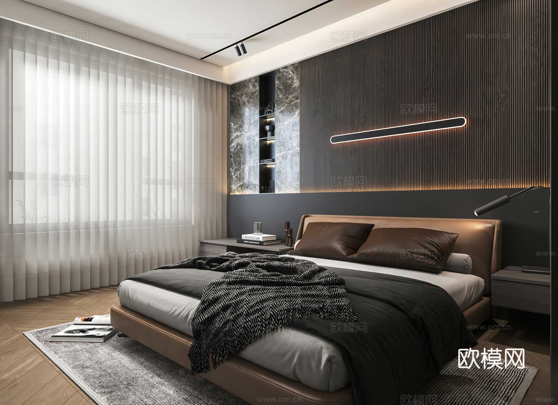 意式卧室 无主灯卧室 衣柜 背景墙3d模型下载（渲染图3）