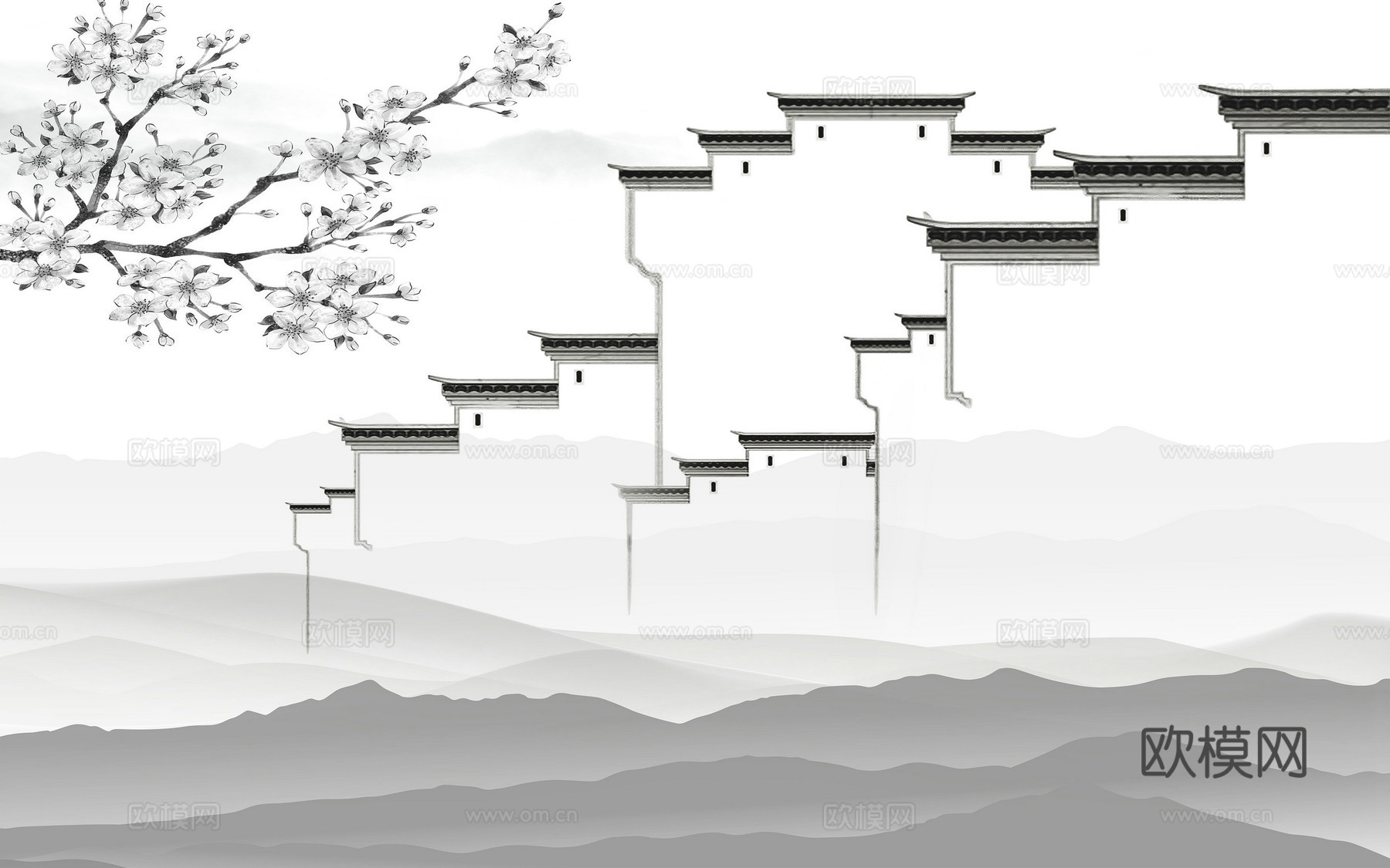 中式新中式水墨江南建筑壁纸壁画装饰画