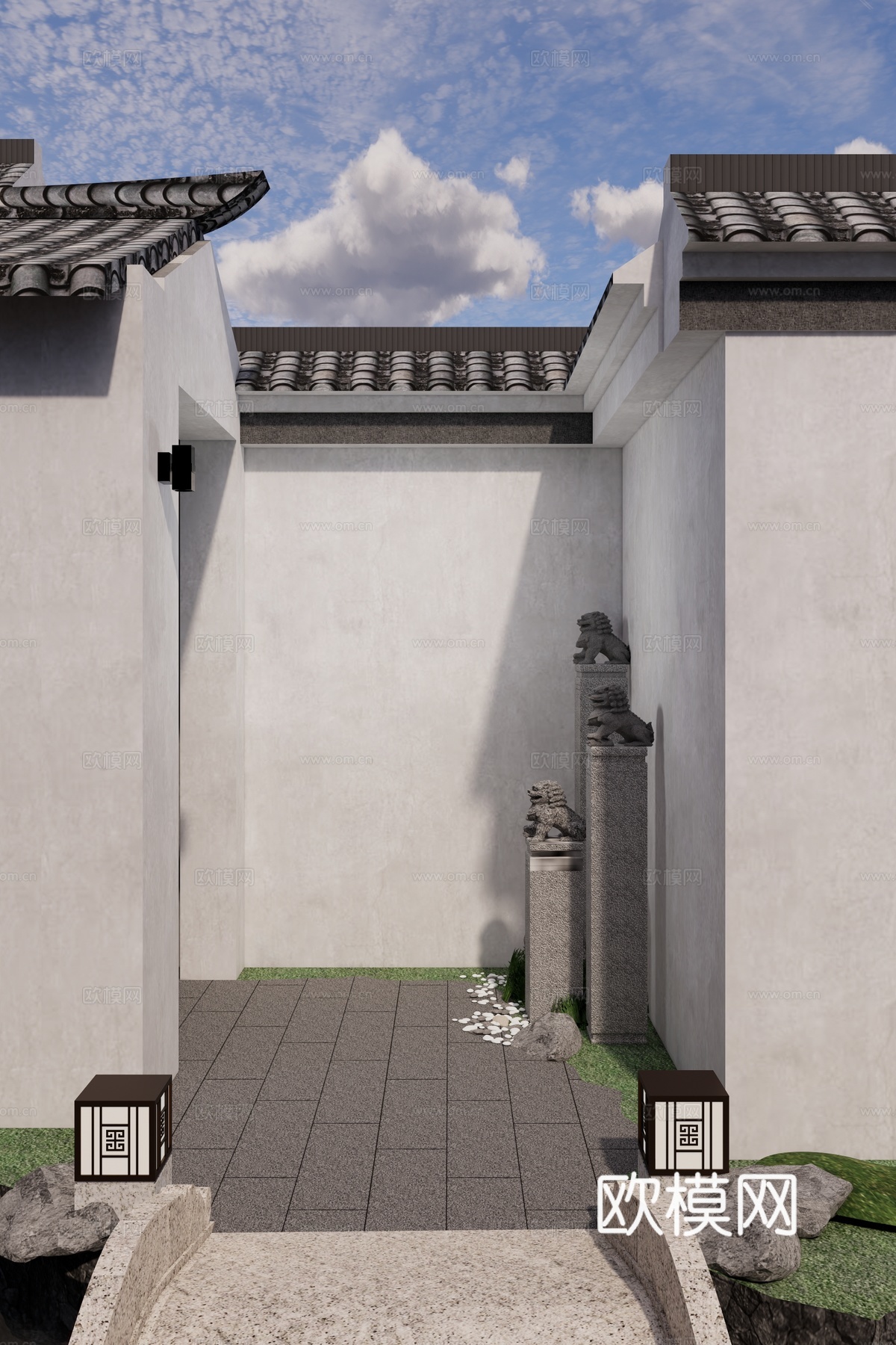 新中式 中式 庭院入户门厅 照壁 拴马柱su模型