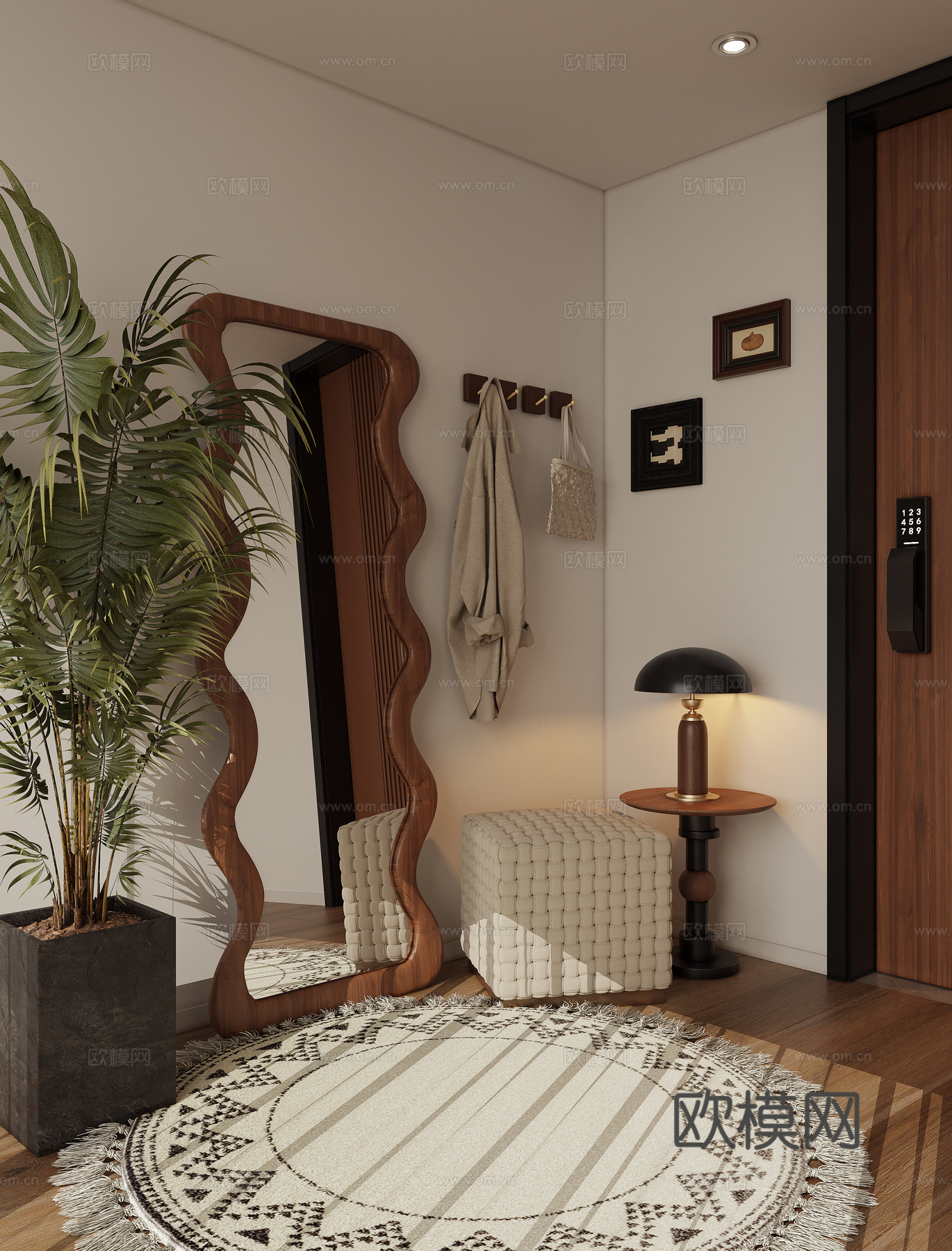 玄关全身镜挂衣杆换鞋凳3d模型下载