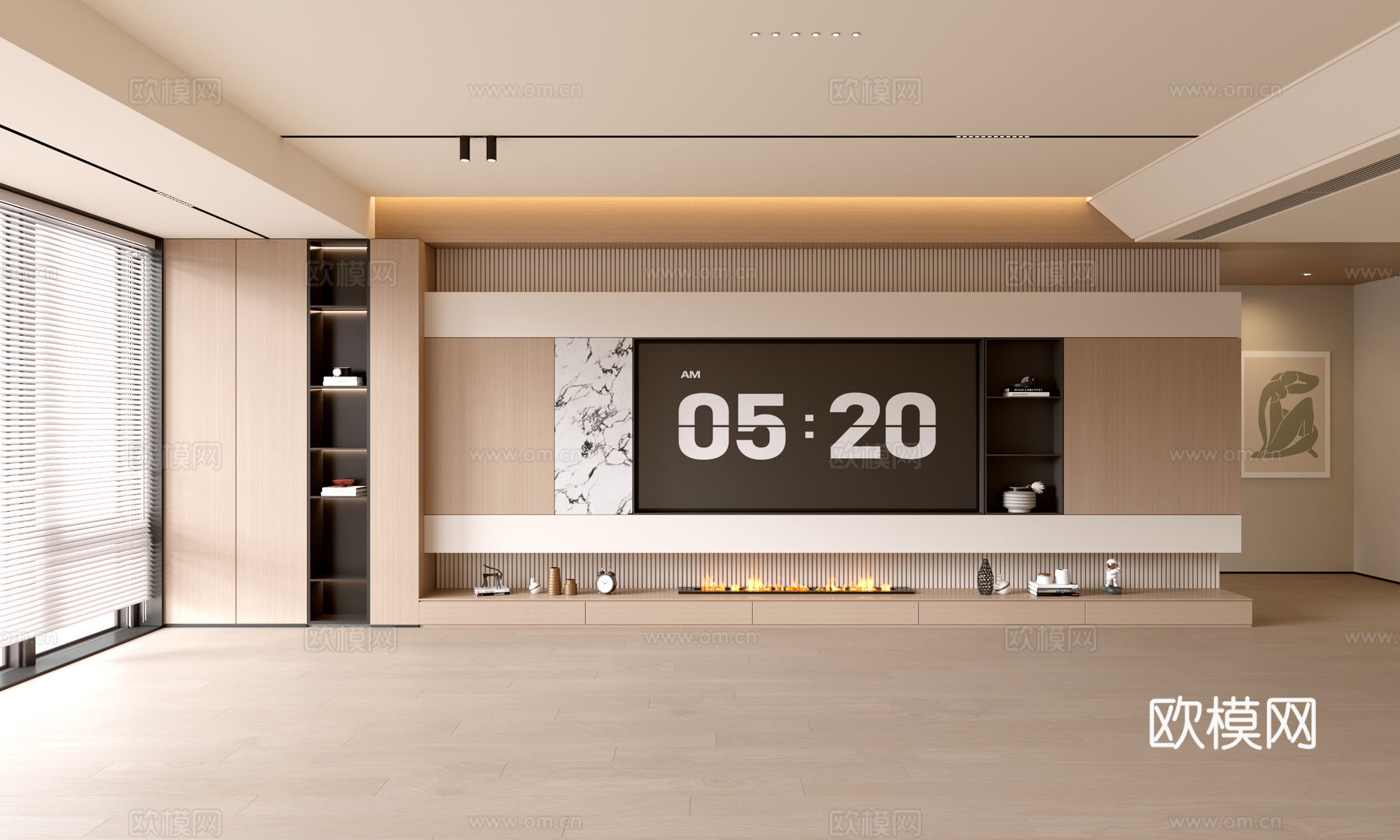 现代客厅 奶油客厅 电视背景墙 客厅背景 奶油风背景墙su模型下载（渲染图1）