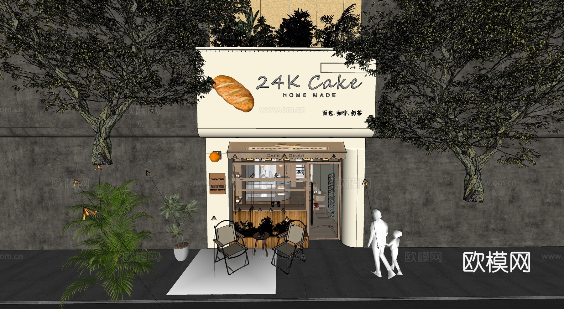 现代甜品店面包店门头 店铺门头su模型