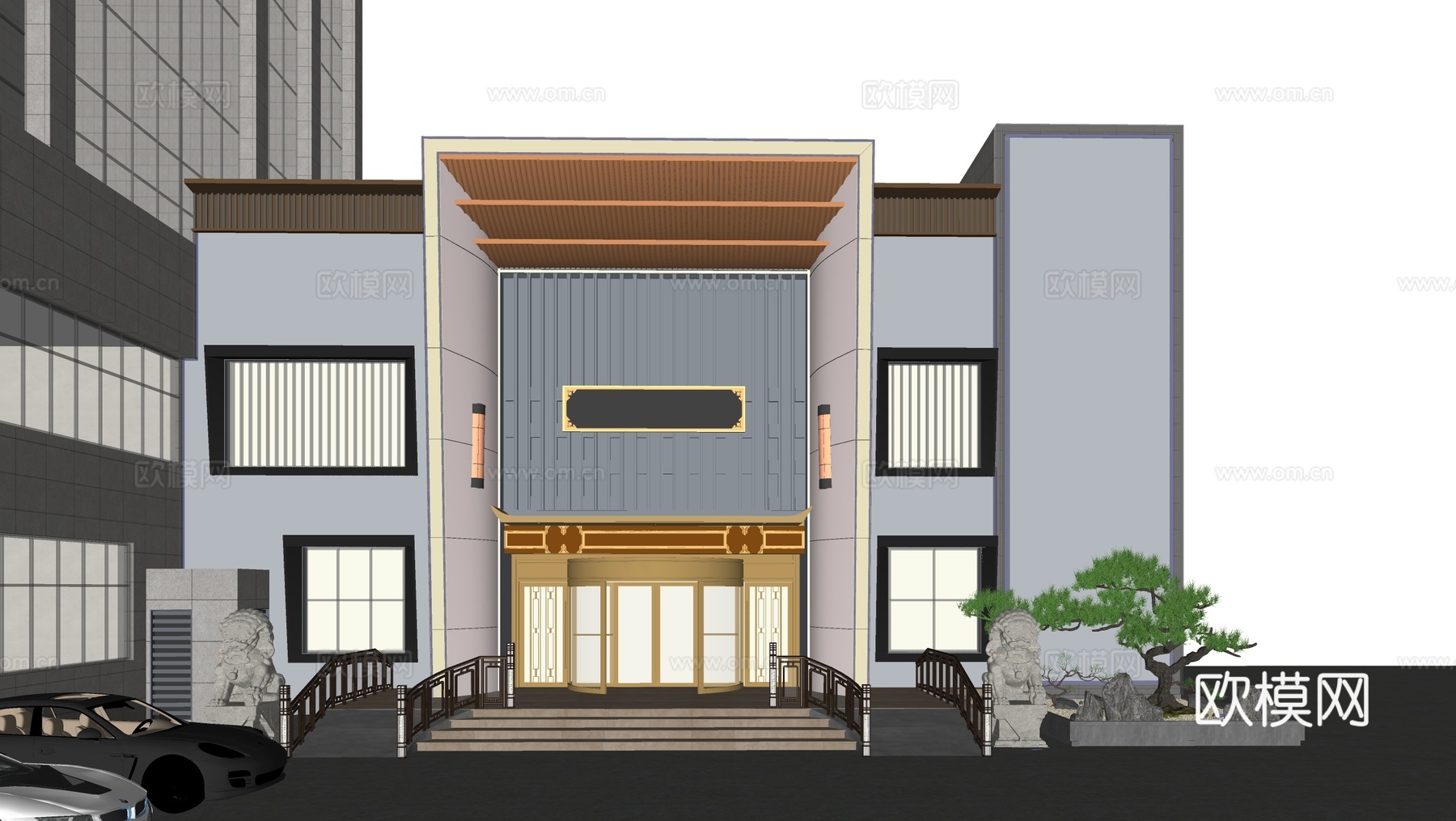 新中式门面门头 餐饮店面门头su模型