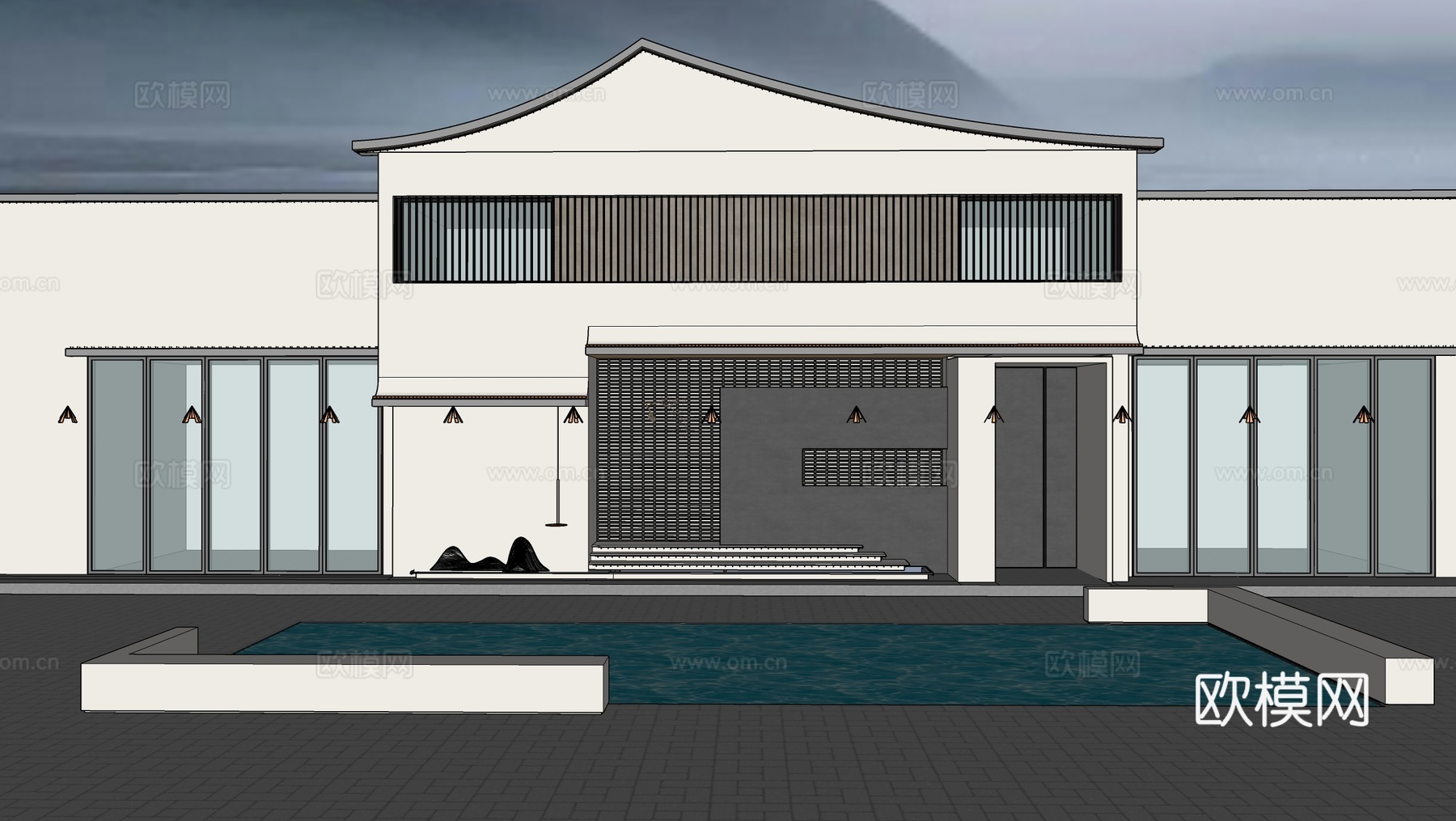 新中式餐厅门头 店面门头su模型