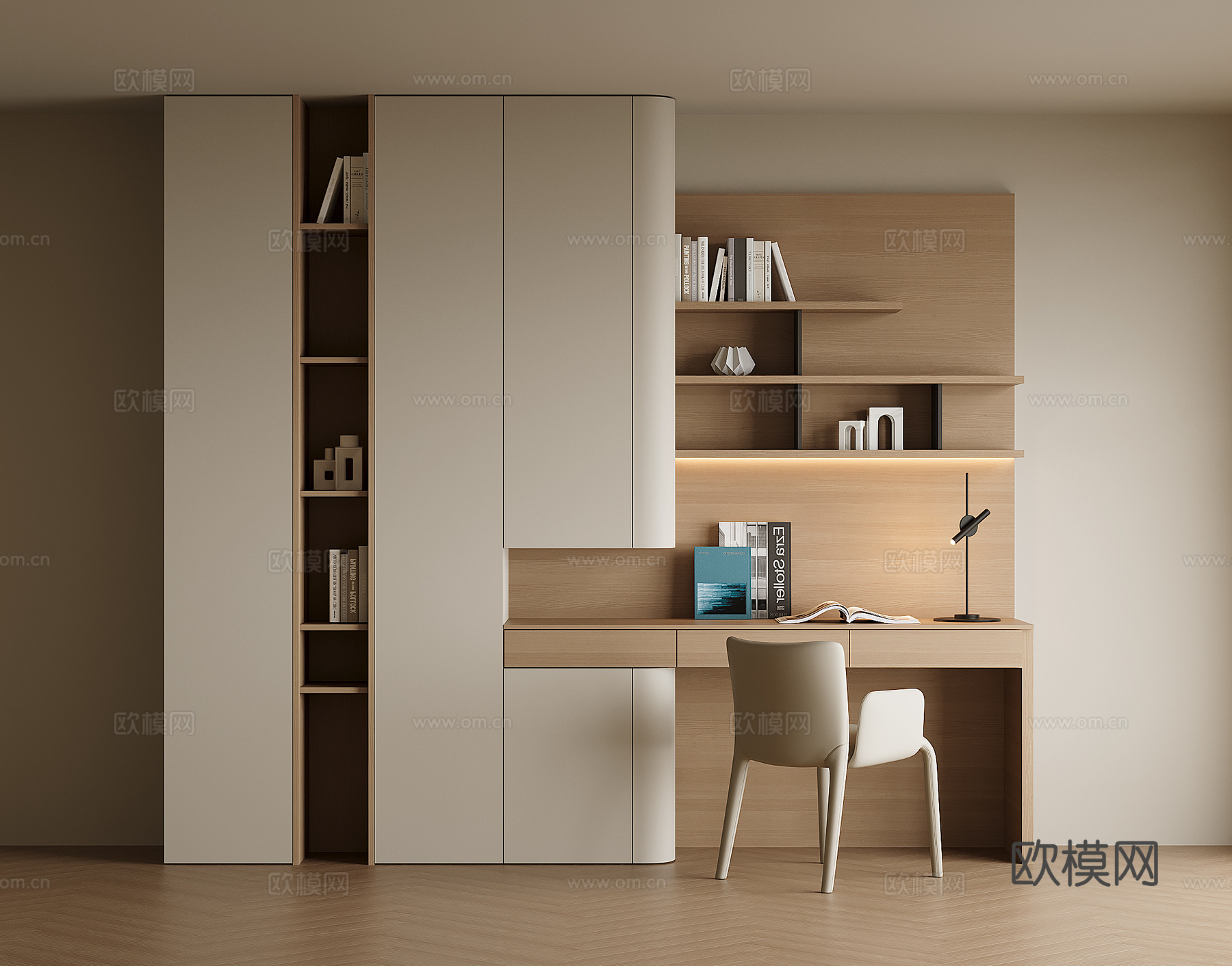 现代书桌一体柜3d模型下载