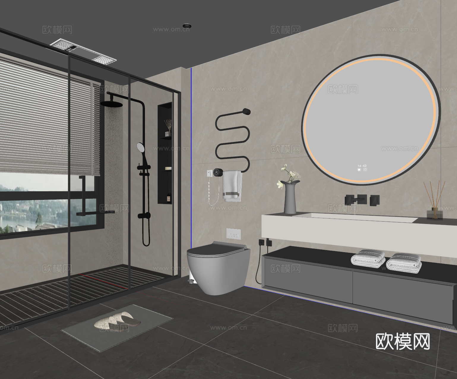 现代简约卫生间 浴室柜 马桶 花洒 淋浴门su模型