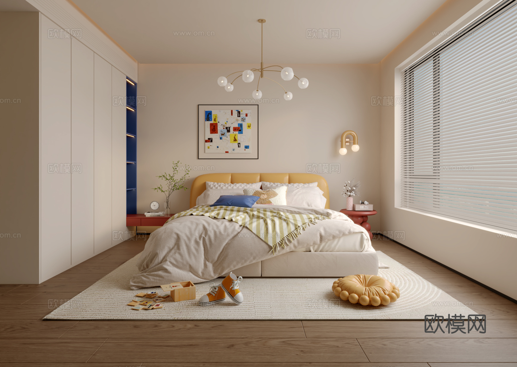 奶油风多巴胺儿童房3d模型下载（渲染图1）