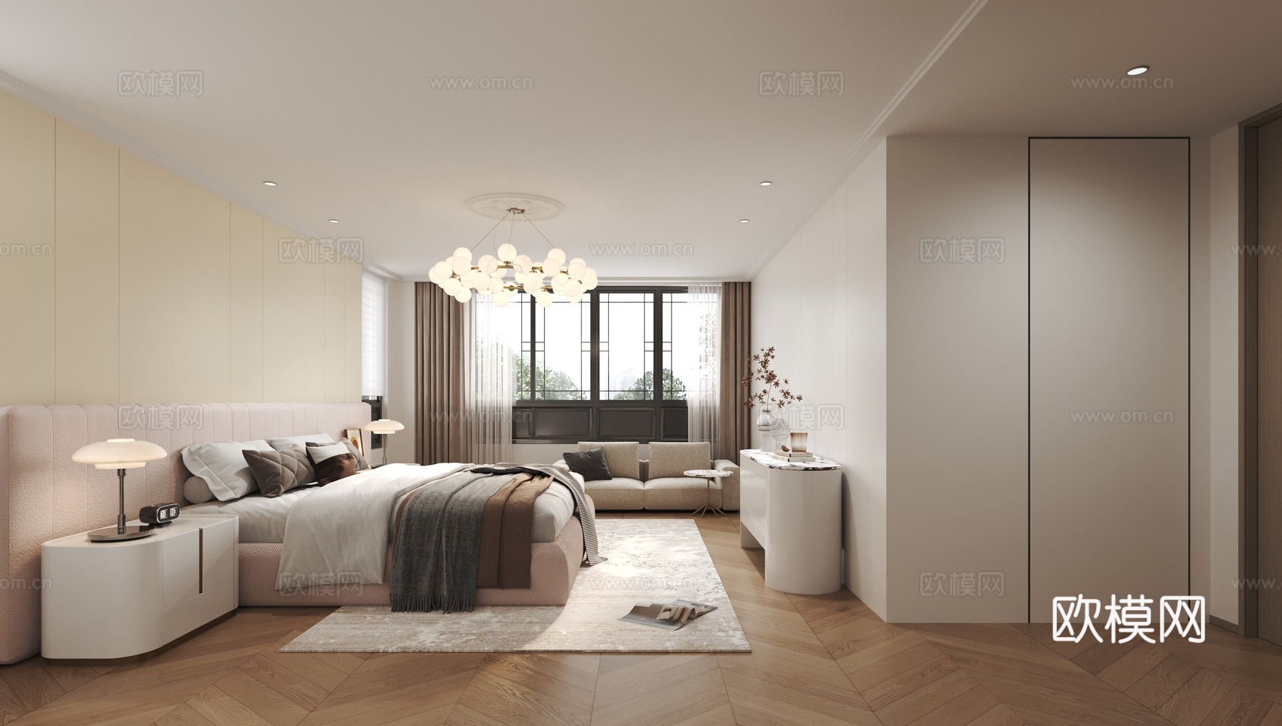 现代奶油风主卧3d模型下载
